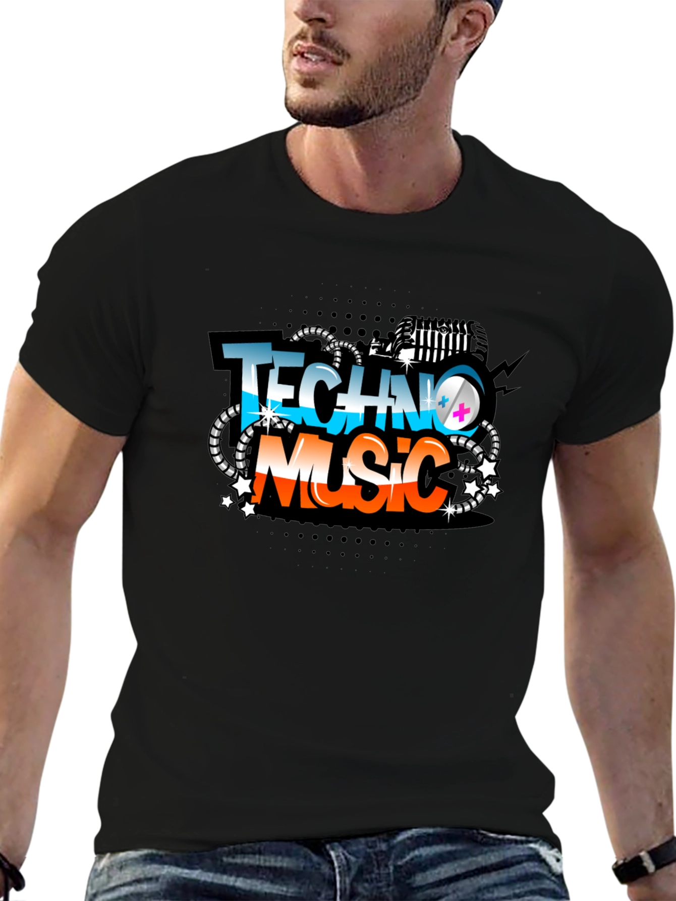 Techno Music Graphic Tee - Black Crew Neck