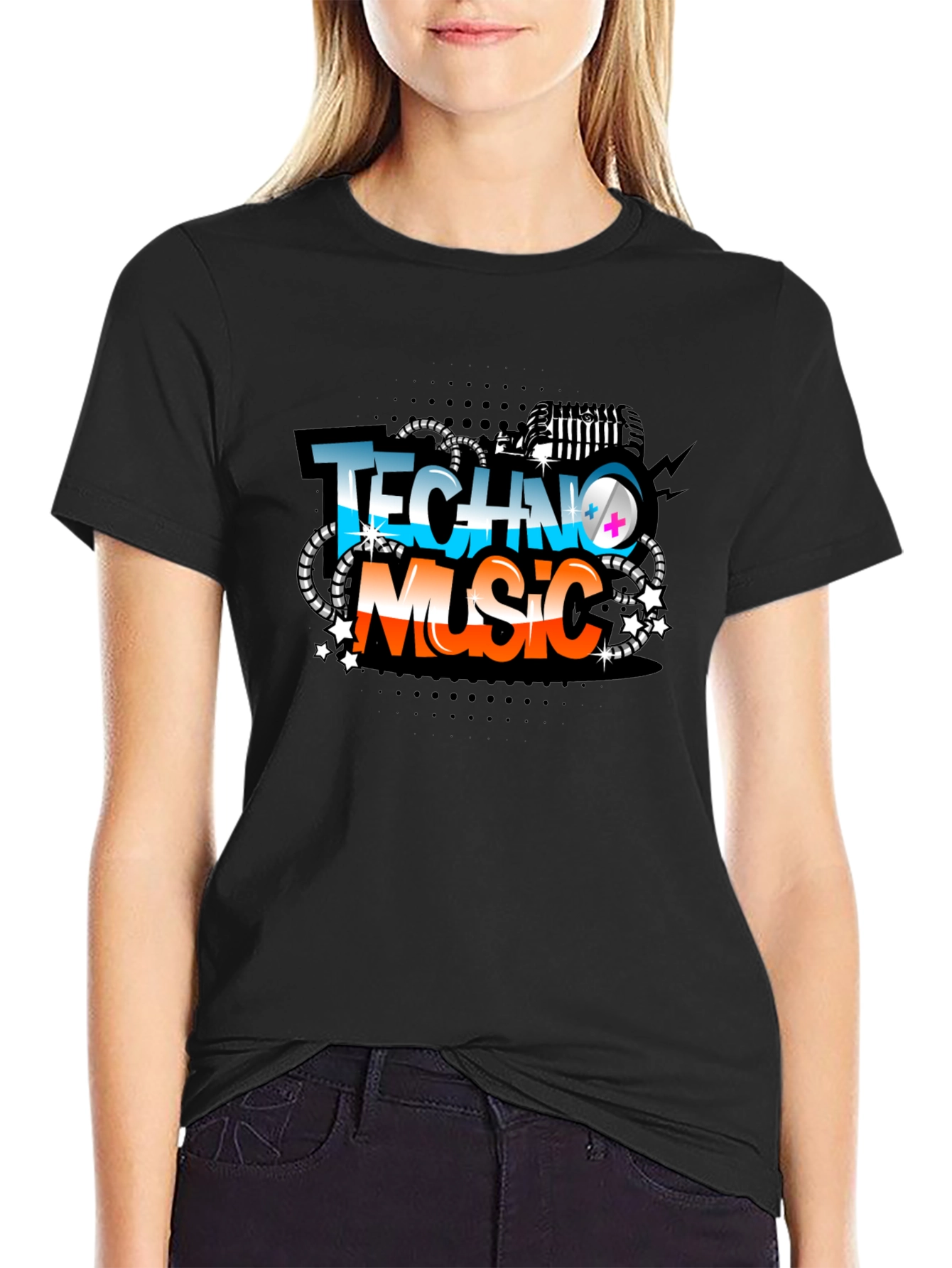 Techno Music Graphic Tee - Black Crew Neck