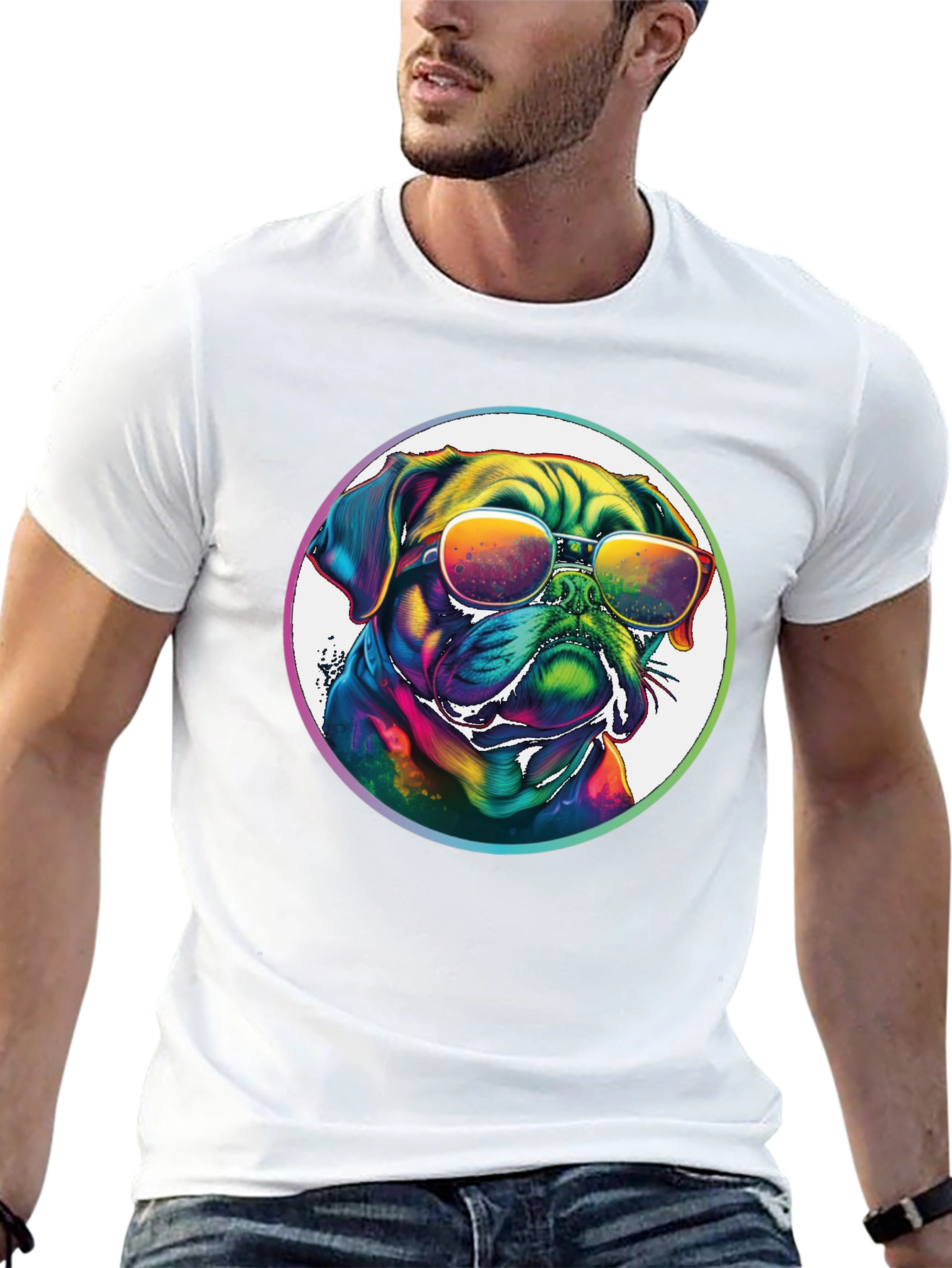 Rainbow Pug Sunglasses T-Shirt – Colorful Dog Lover Graphic Tee Gift