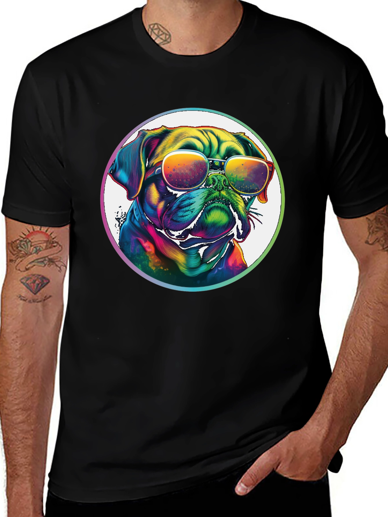 Rainbow Pug Sunglasses T-Shirt – Colorful Dog Lover Graphic Tee Gift