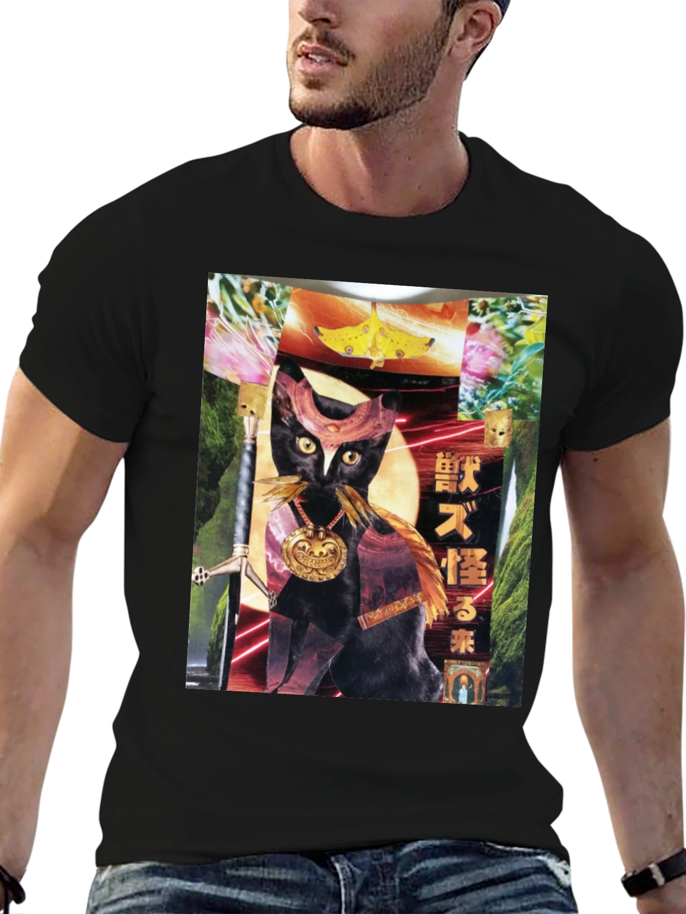 Black T-Shirt with Cat Art