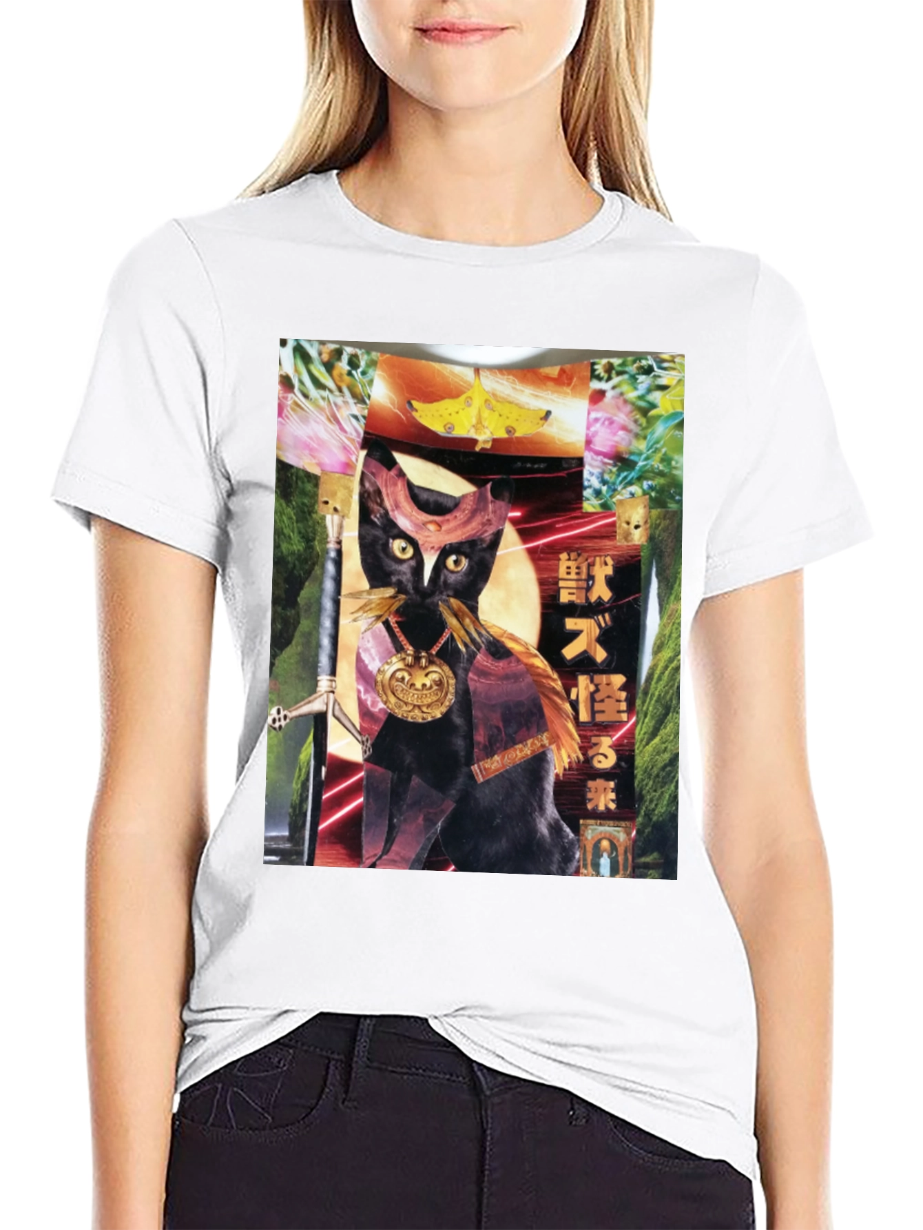 Black T-Shirt with Cat Art