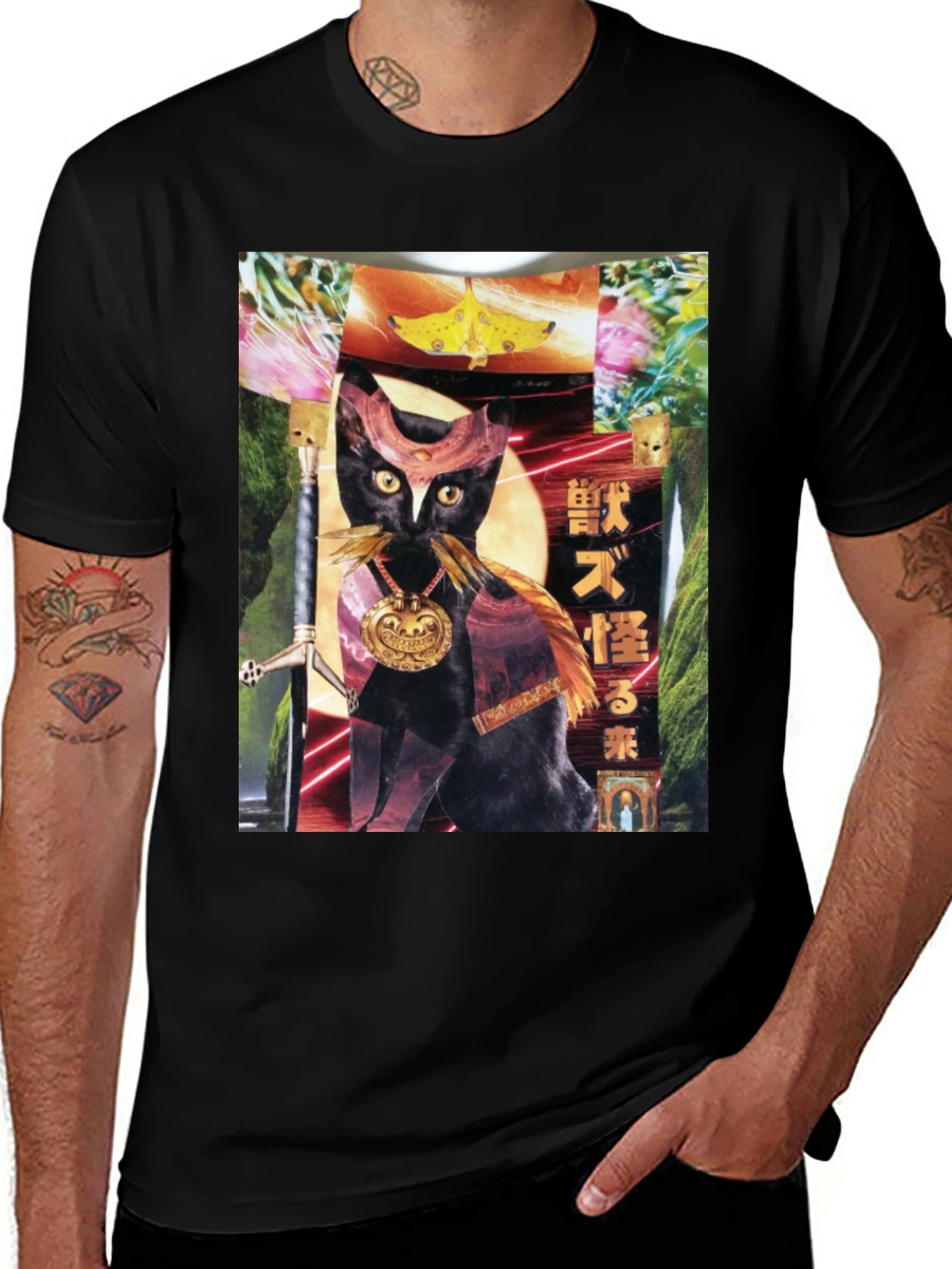 Black T-Shirt with Cat Art