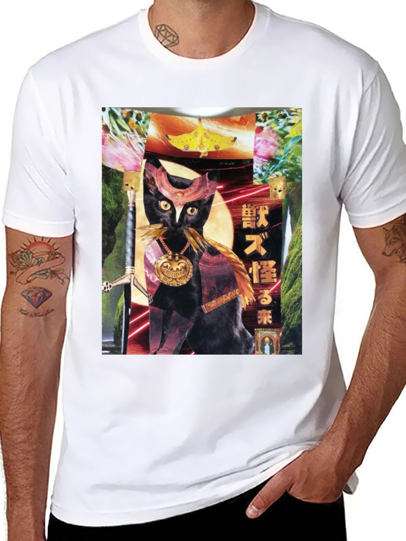 Black T-Shirt with Cat Art