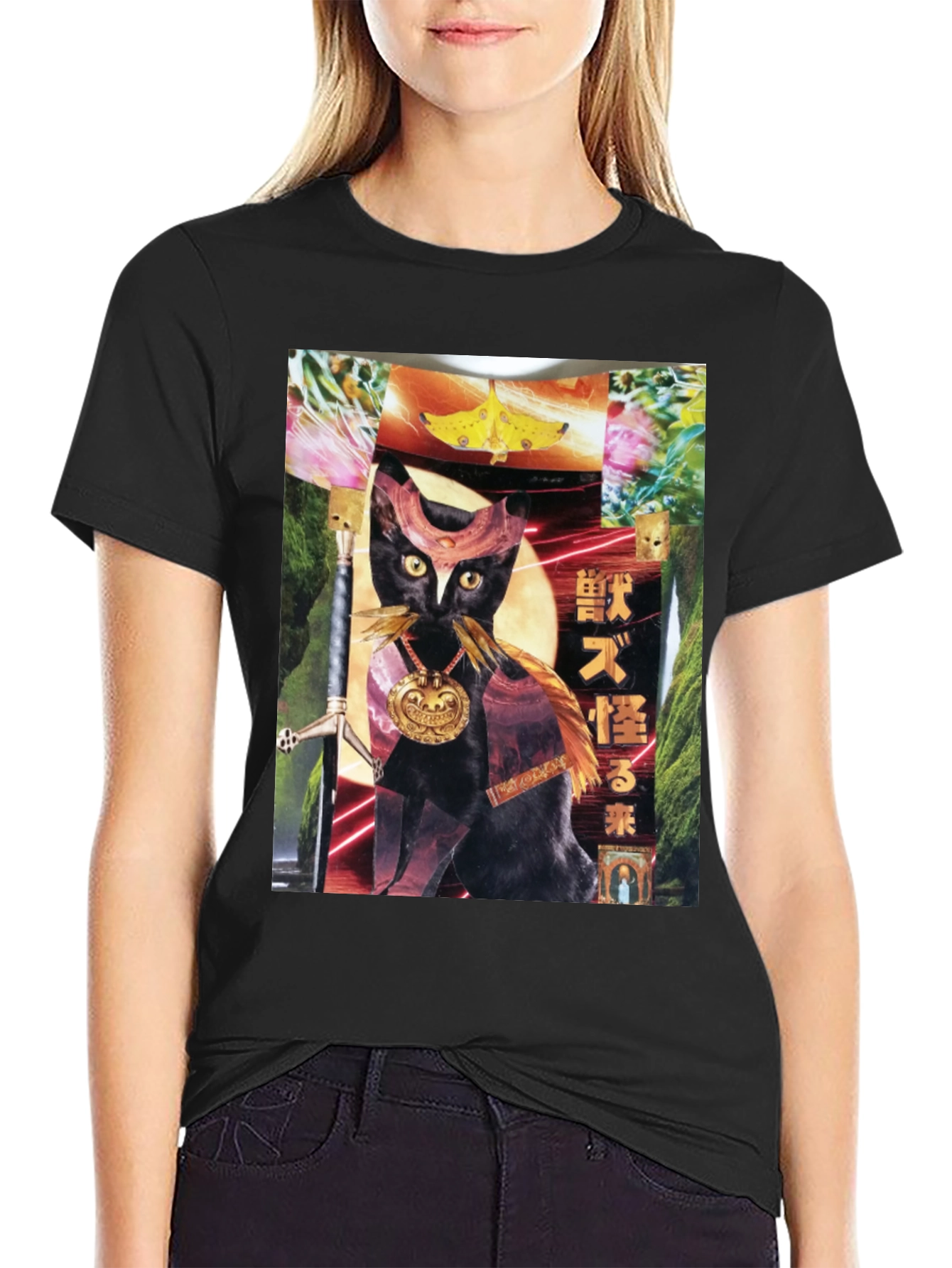 Black T-Shirt with Cat Art
