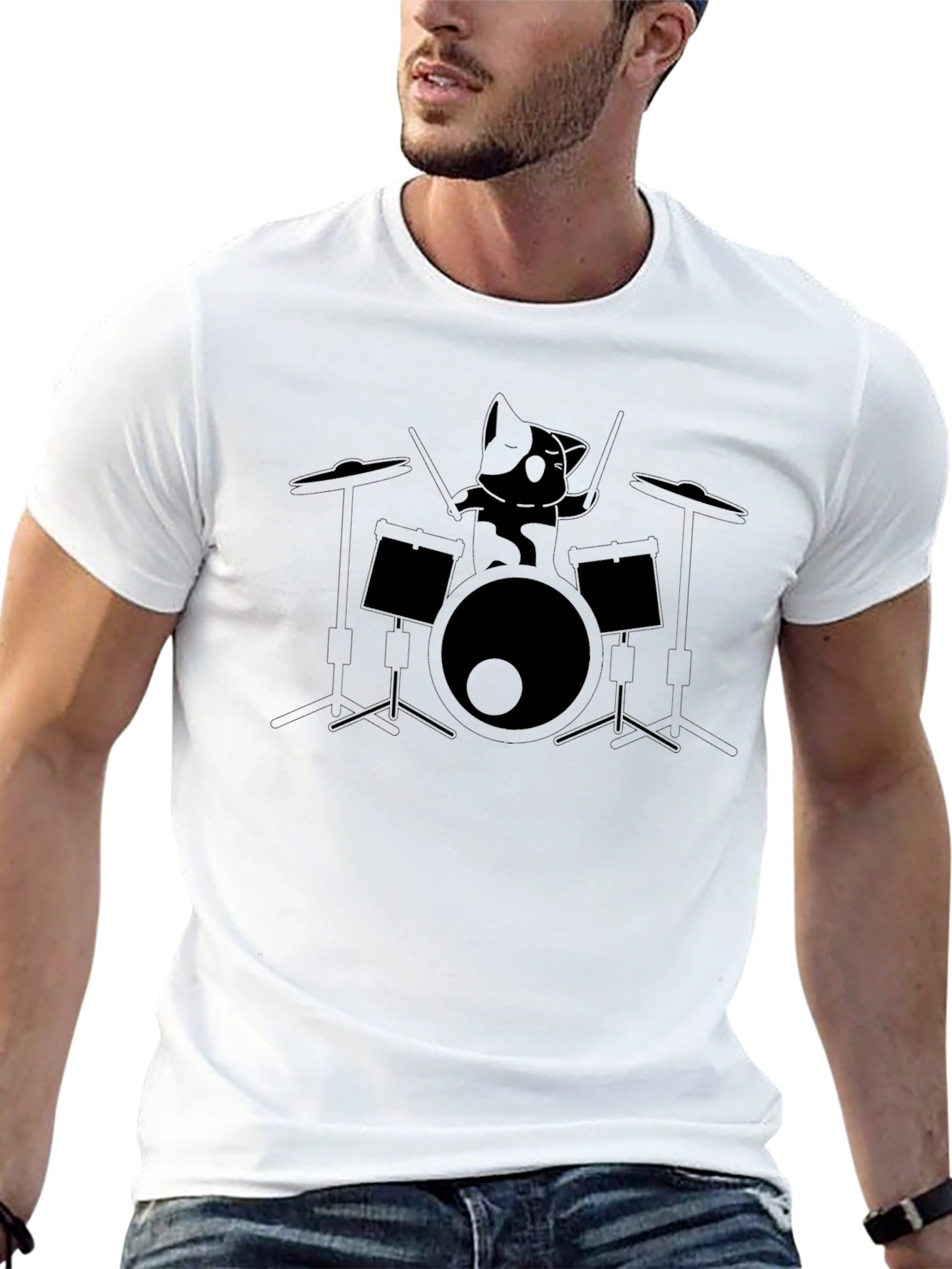 Drumming Cat Graphic Tee - Black Unisex T-Shirt