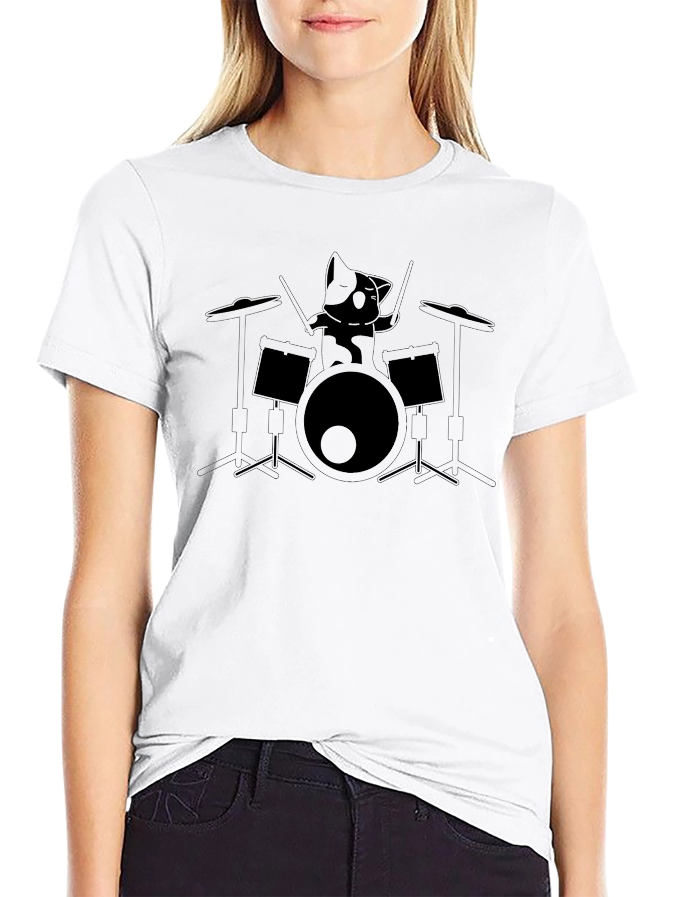 Drumming Cat Graphic Tee - Black Unisex T-Shirt