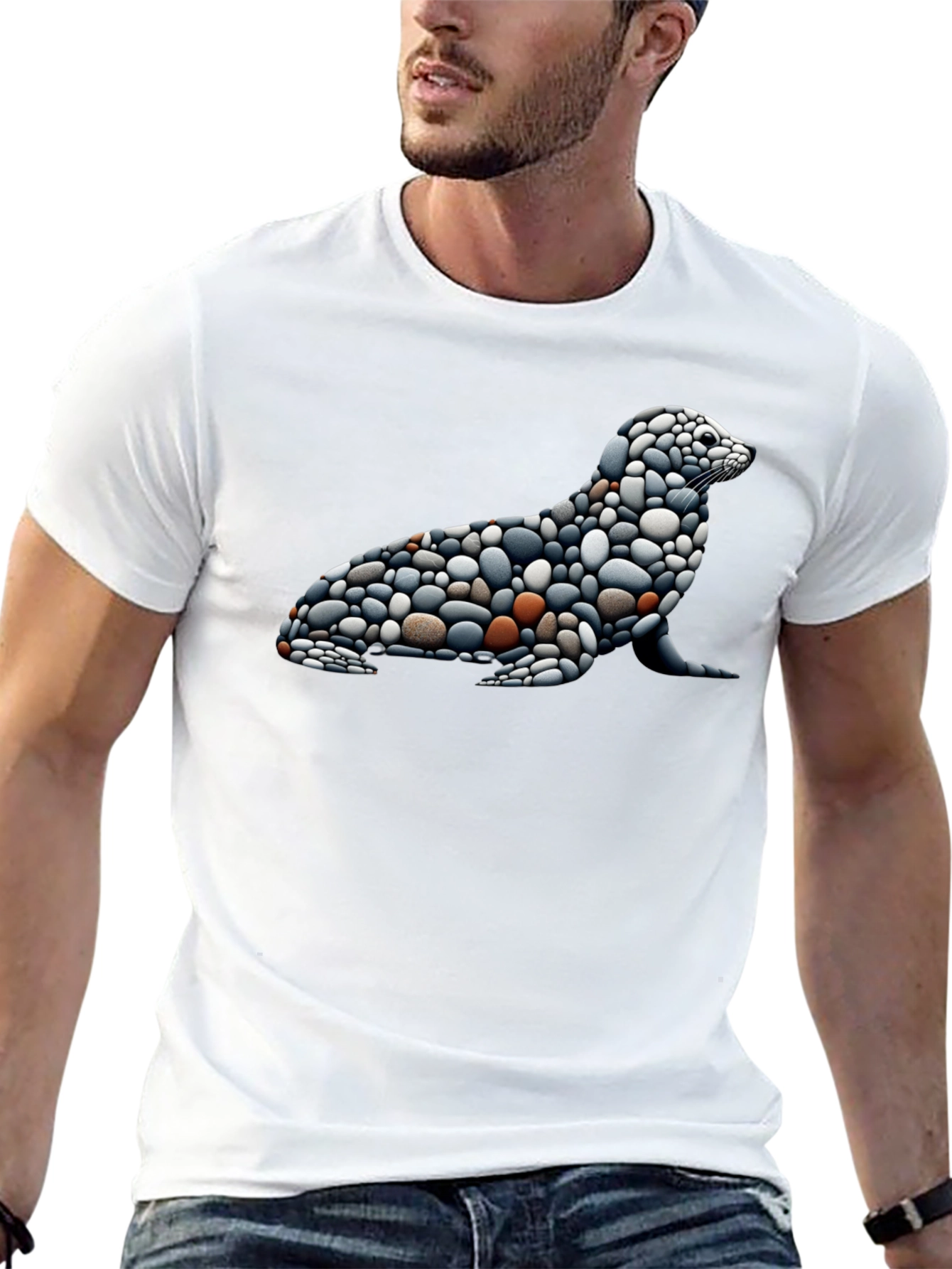 Stone Pebble Seal Graphic Tee - Black Cotton Blend