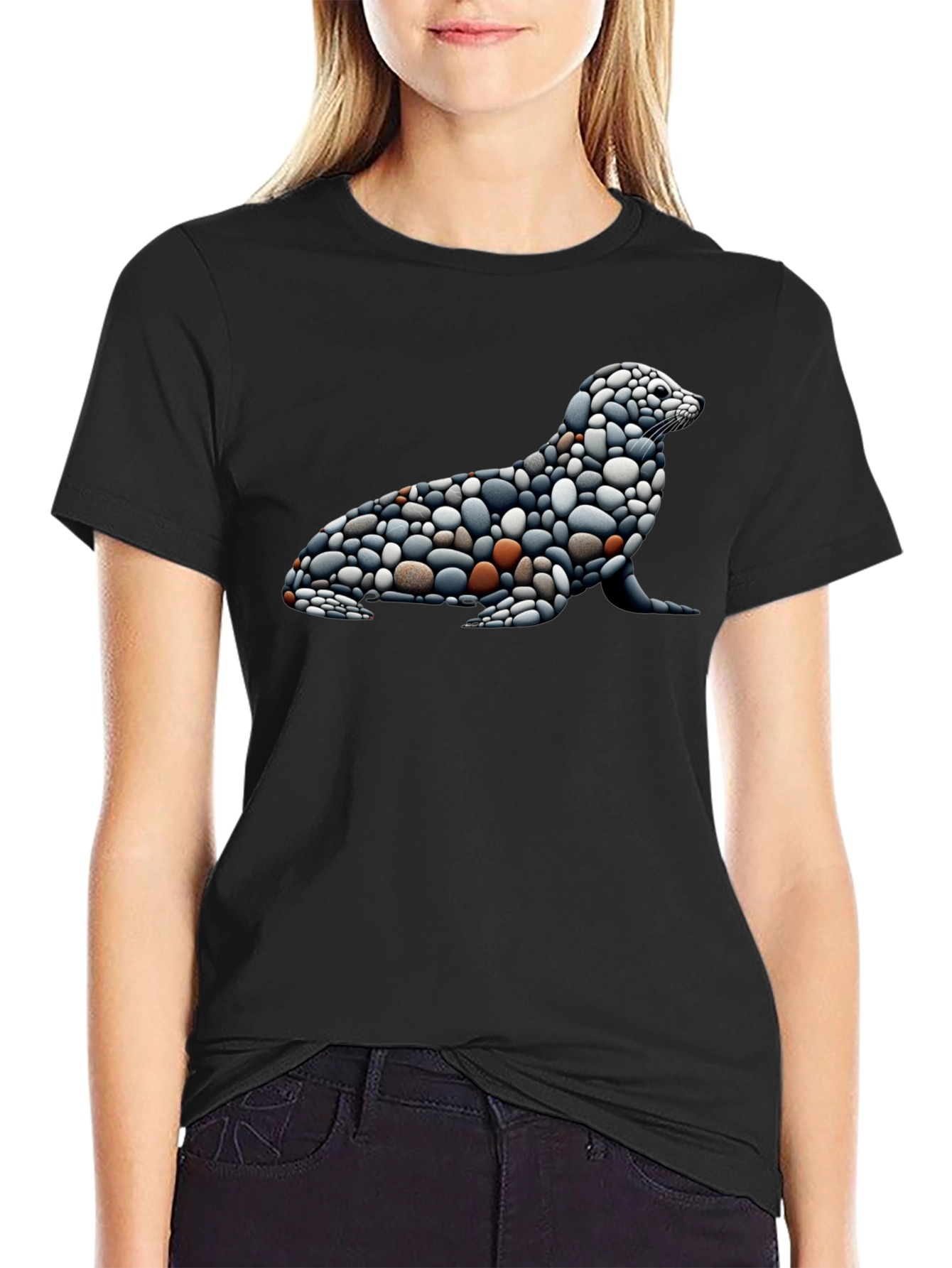 Stone Pebble Seal Graphic Tee - Black Cotton Blend
