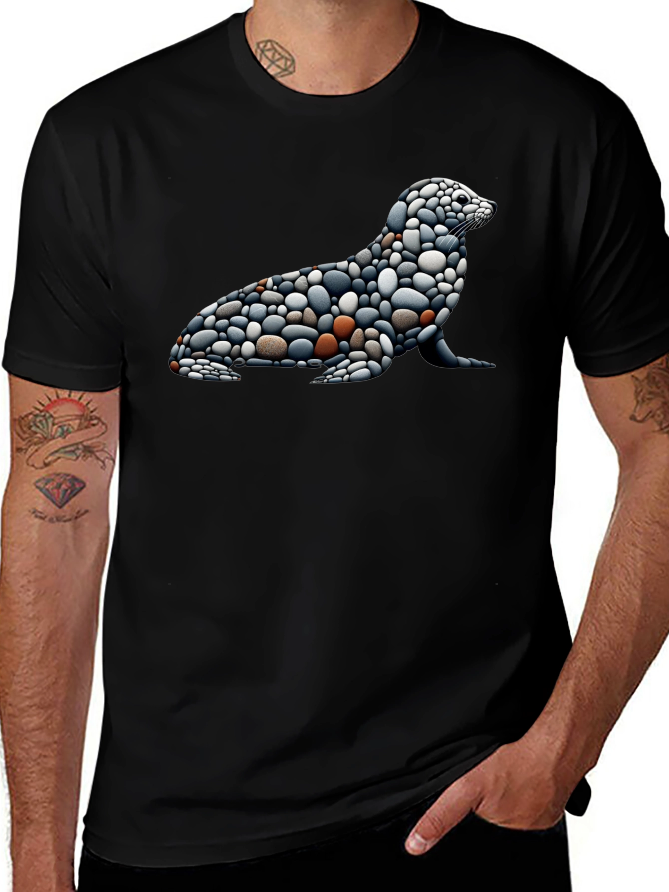 Stone Pebble Seal Graphic Tee - Black Cotton Blend