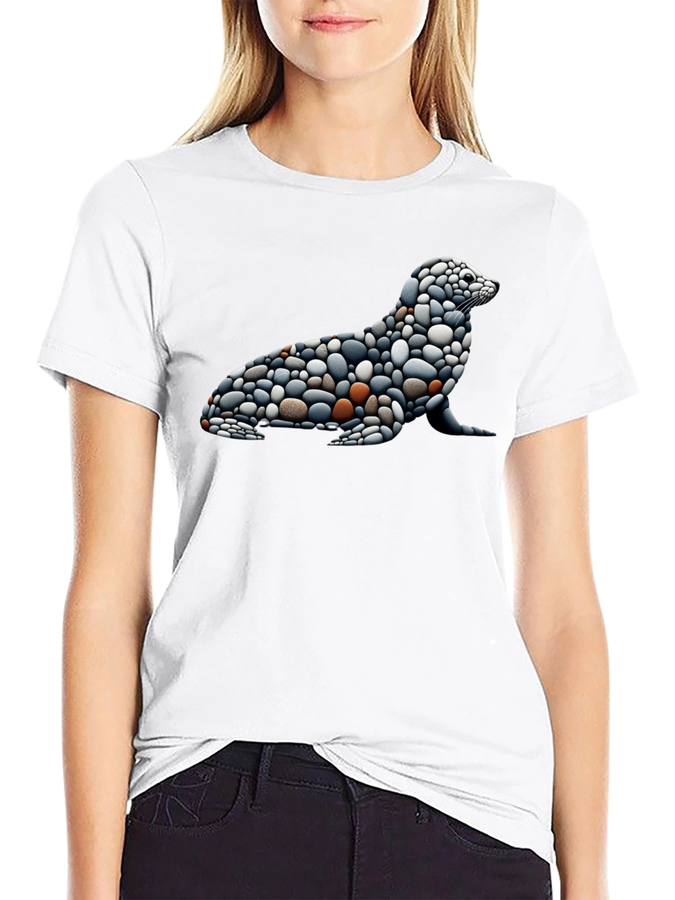 Stone Pebble Seal Graphic Tee - Black Cotton Blend