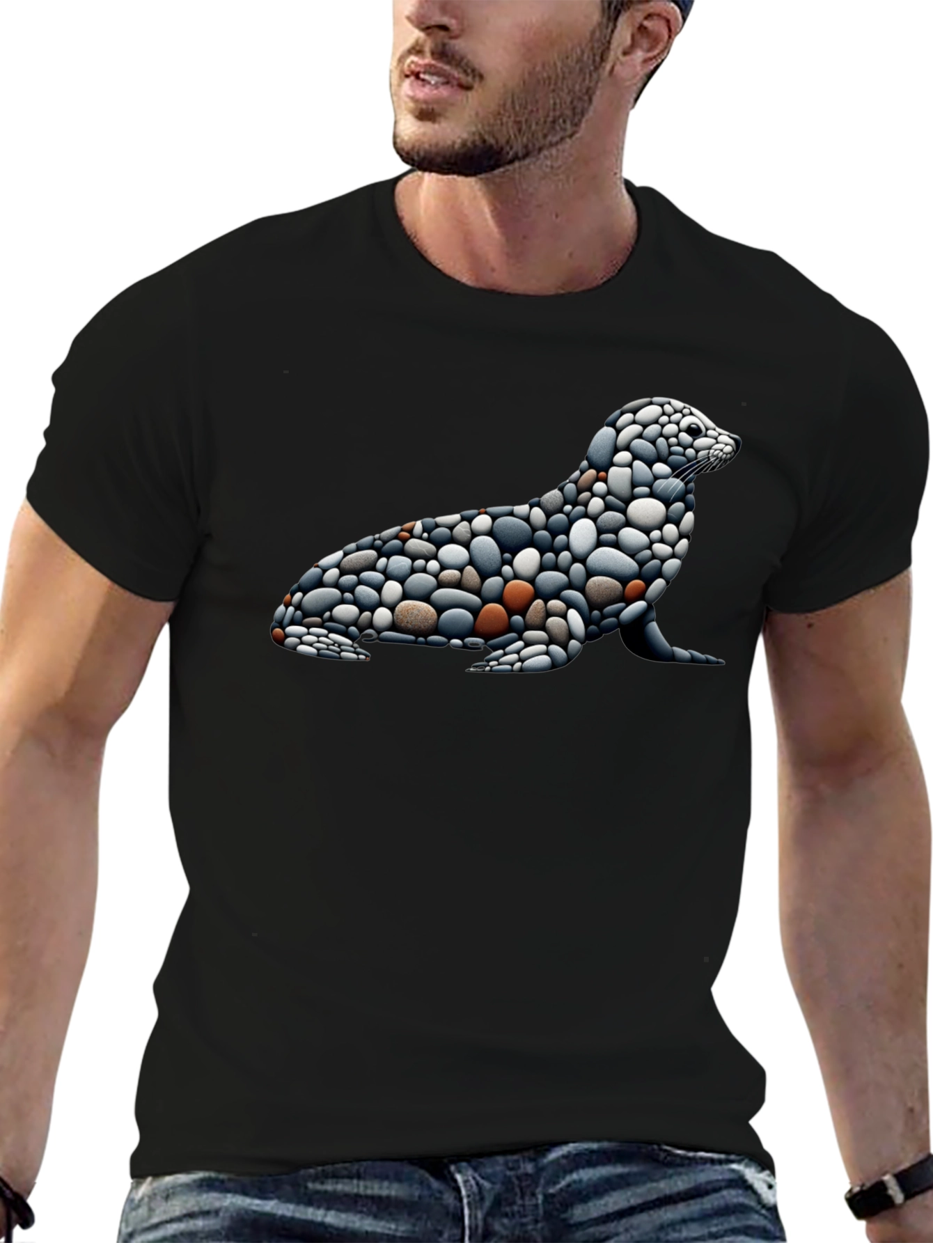 Stone Pebble Seal Graphic Tee - Black Cotton Blend