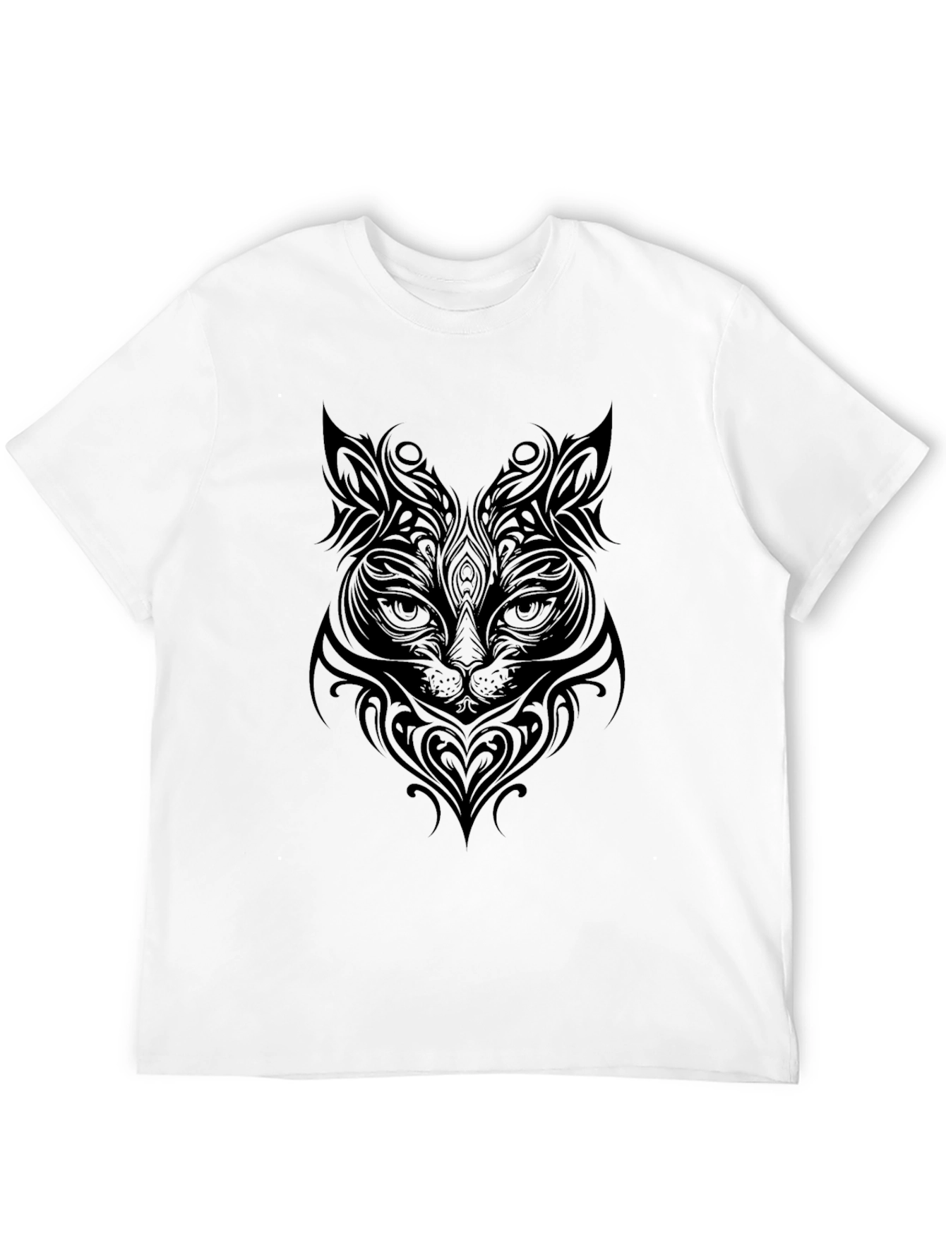 Tribal Cat Graphic Print Black T-Shirt