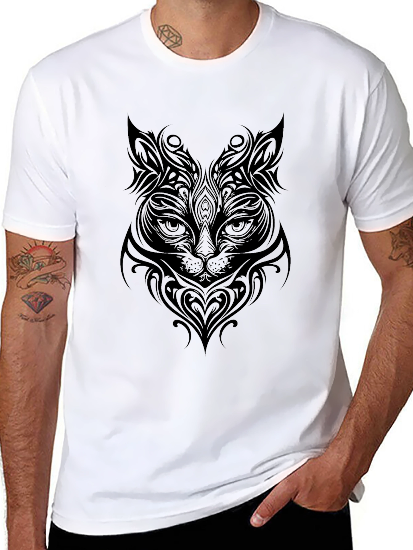 Tribal Cat Graphic Print Black T-Shirt