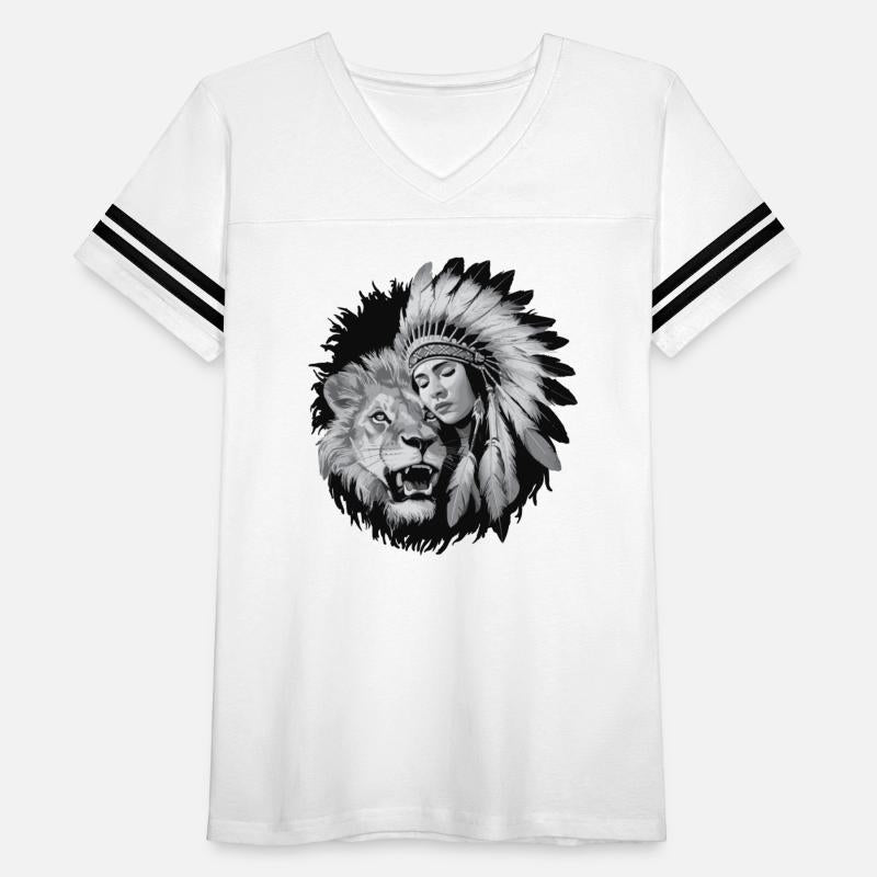 Native American woman and a majestic lion