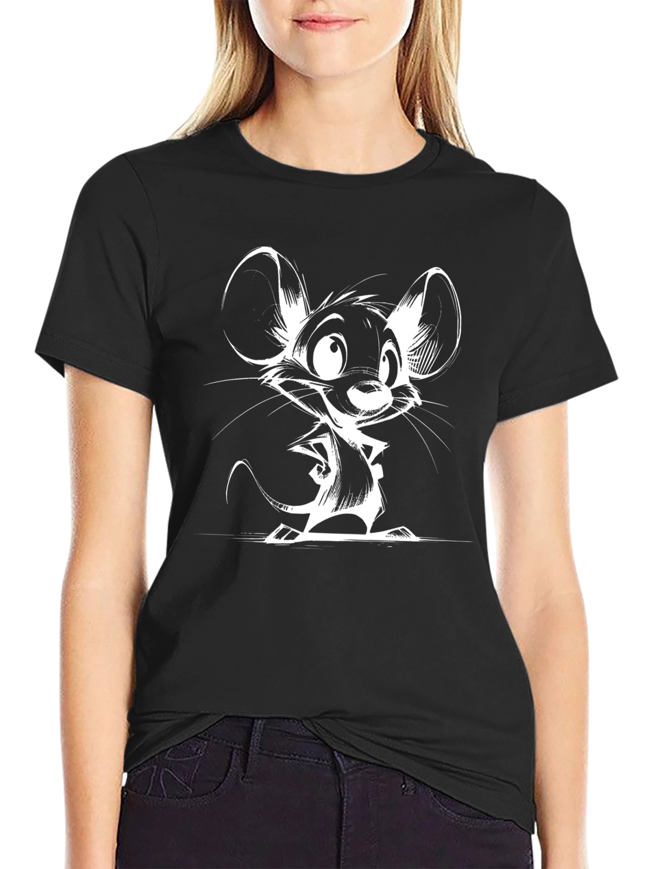 Cartoon Mouse Graphic Tee - Black Cotton T-Shirt