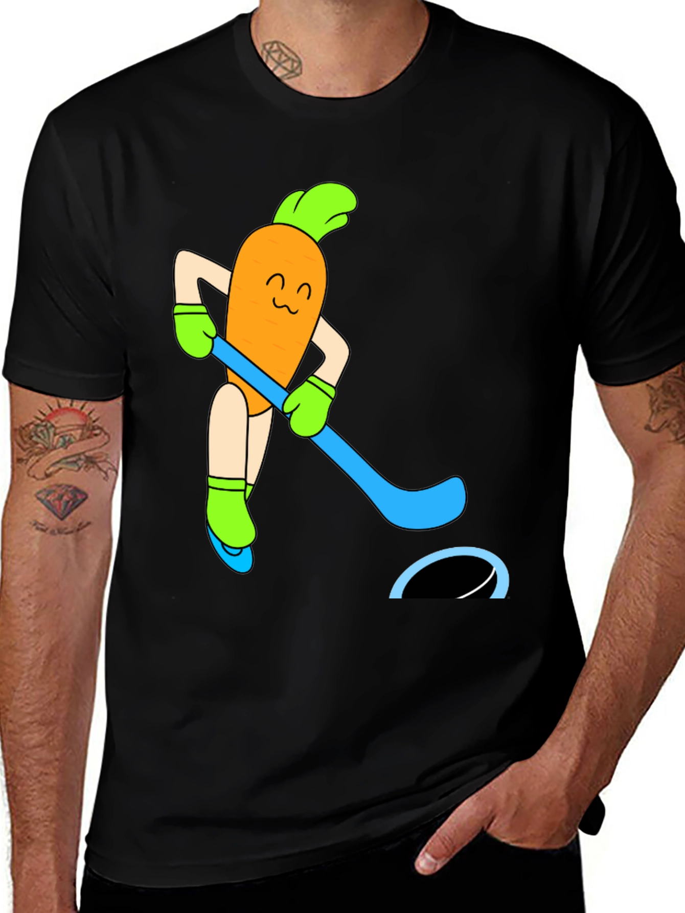 Funny Carrot Hockey Player Graphic Tee - Black