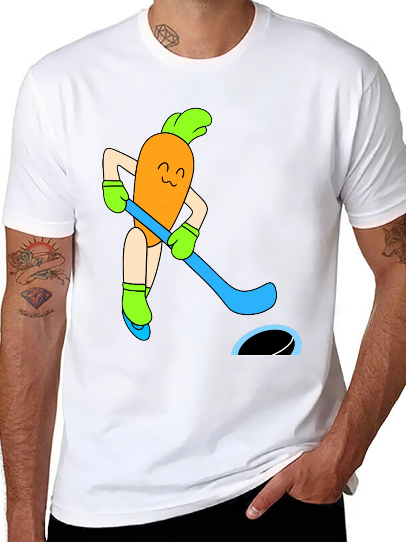 Funny Carrot Hockey Player Graphic Tee - Black