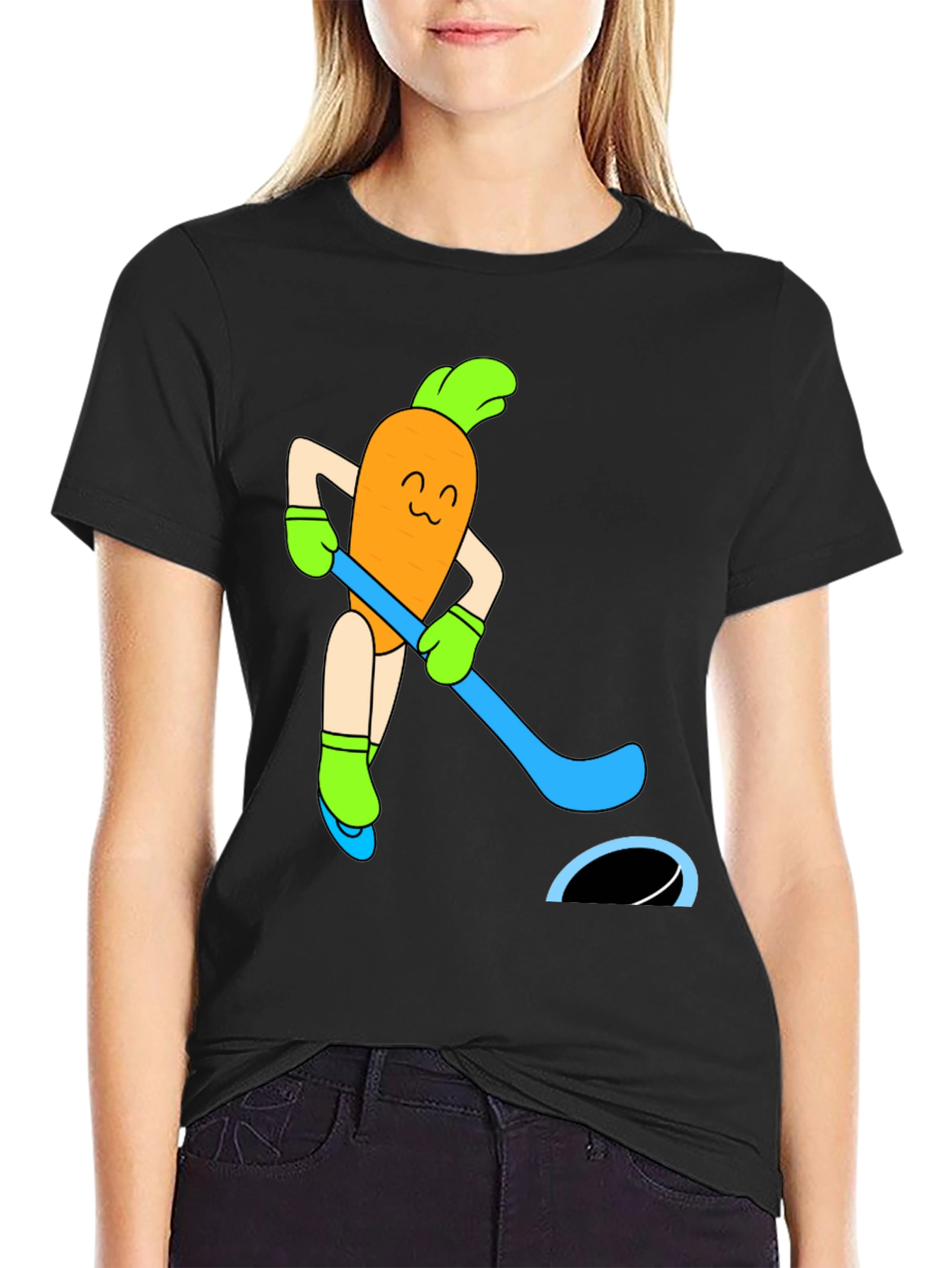 Funny Carrot Hockey Player Graphic Tee - Black
