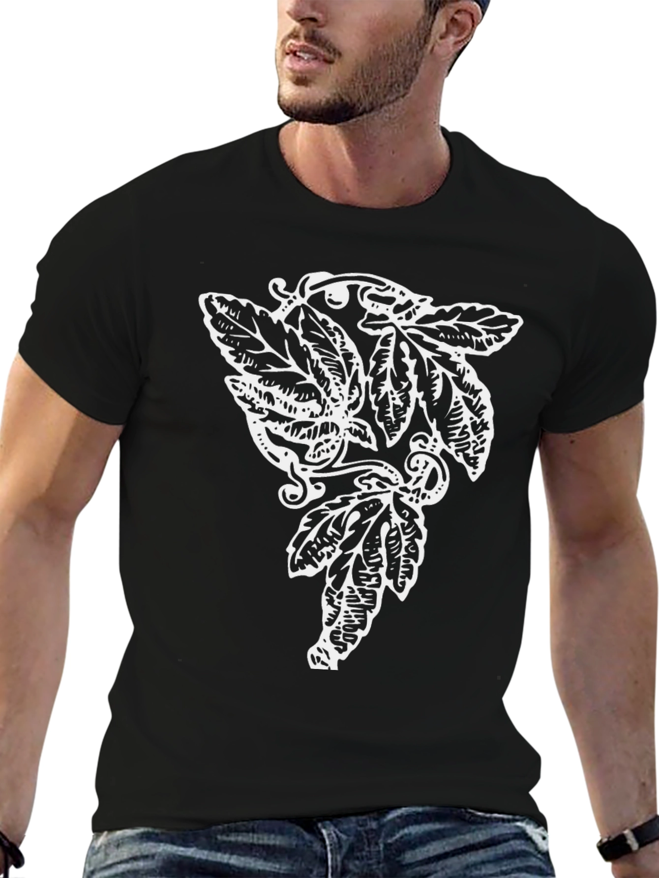 Elegant Leaf Graphic Tee - Black Cotton Blend Shirt