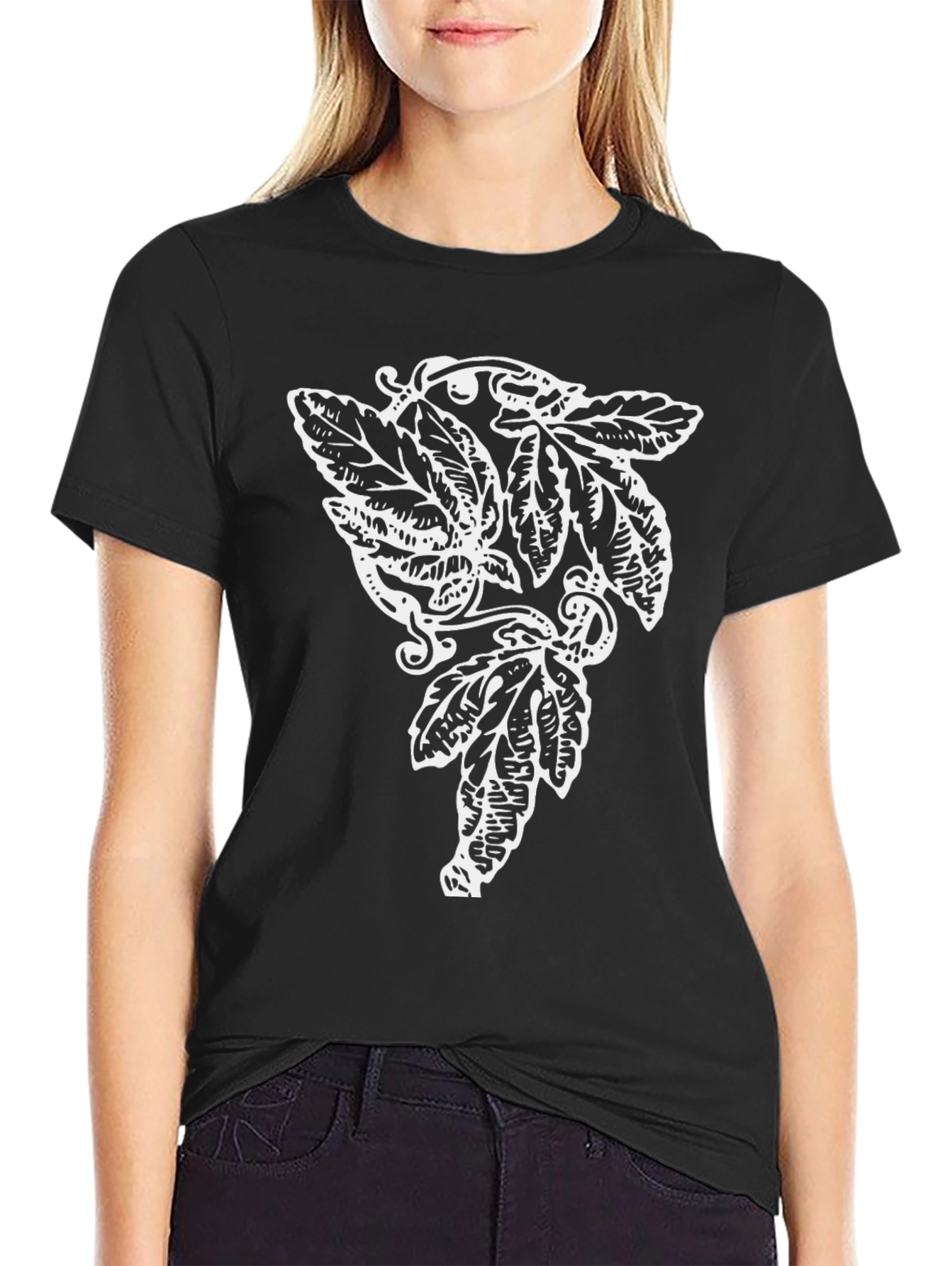 Elegant Leaf Graphic Tee - Black Cotton Blend Shirt
