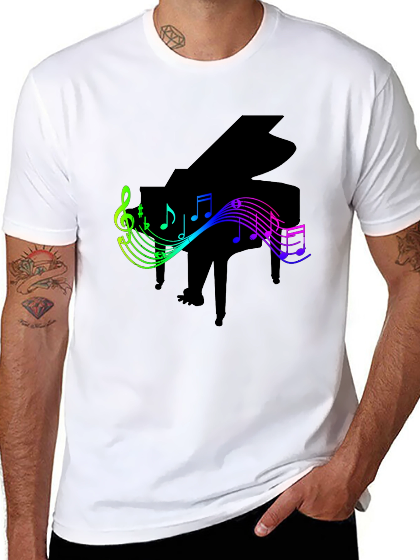 Piano and Music Notes Graphic Black T-Shirt
