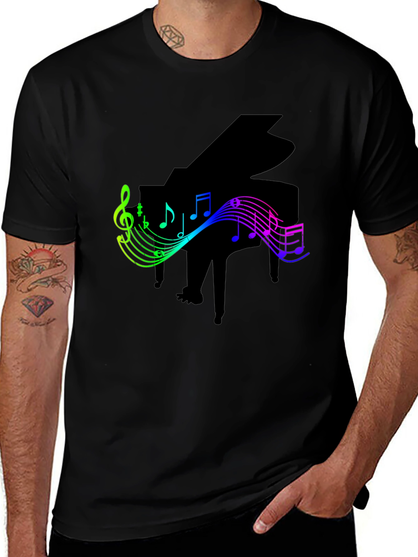 Piano and Music Notes Graphic Black T-Shirt