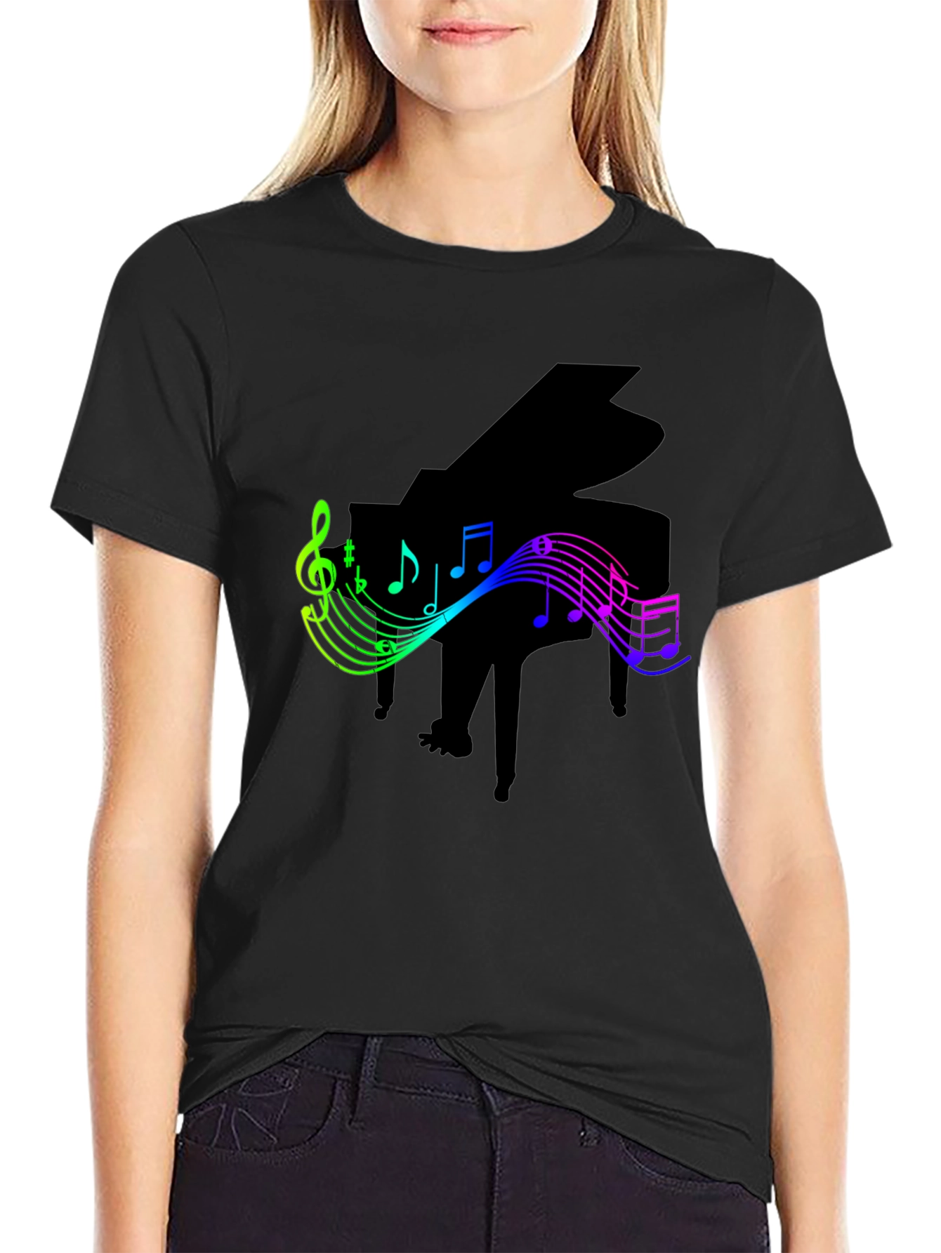 Piano and Music Notes Graphic Black T-Shirt