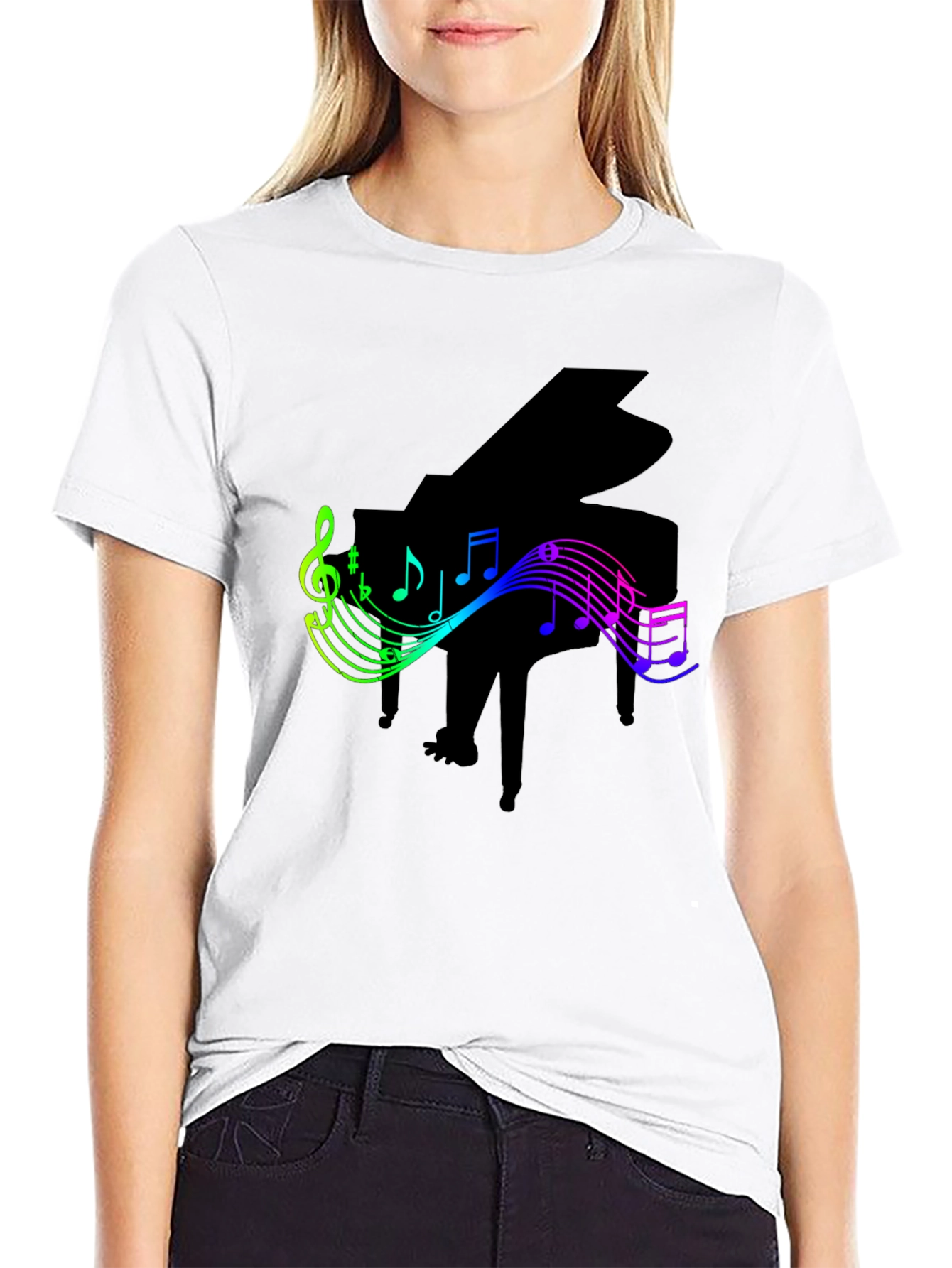 Piano and Music Notes Graphic Black T-Shirt