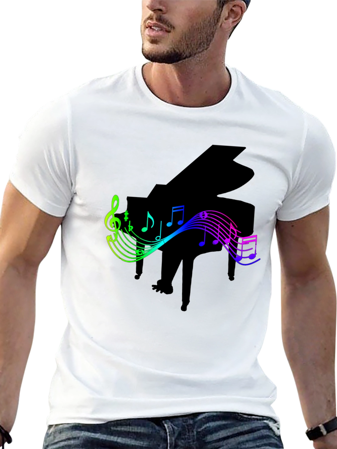 Piano and Music Notes Graphic Black T-Shirt