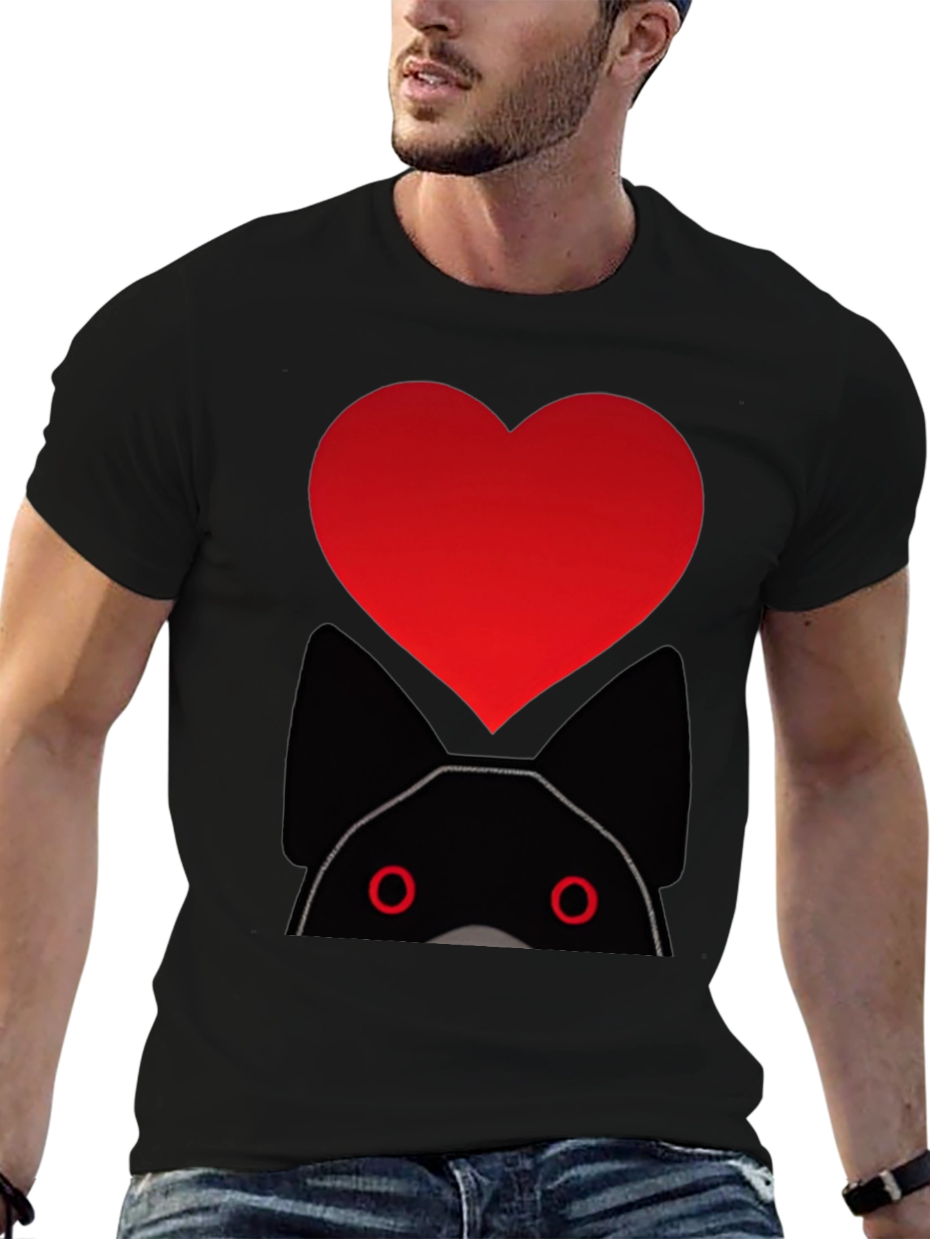 Heart Cat Graphic Black T-Shirt
