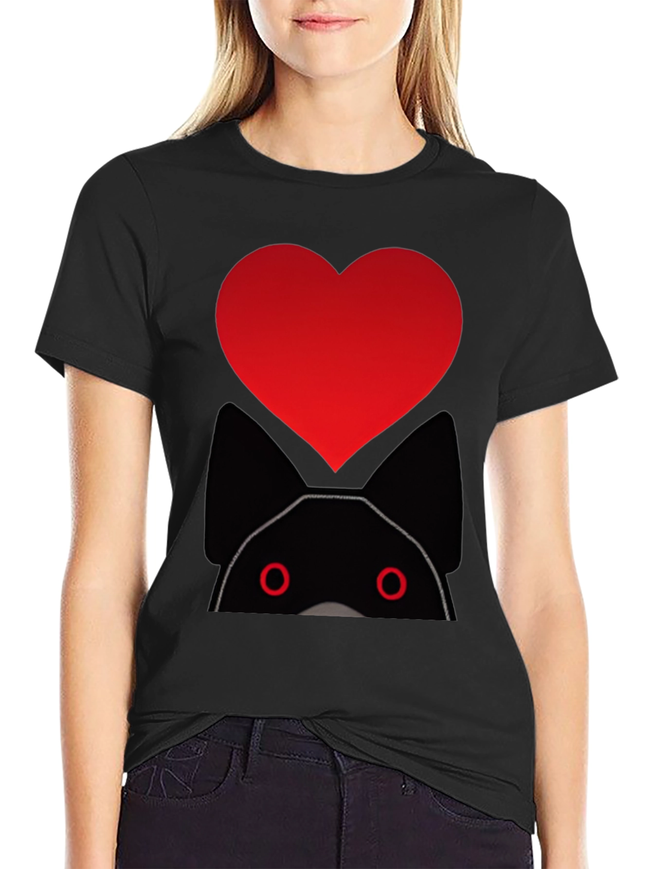 Heart Cat Graphic Black T-Shirt