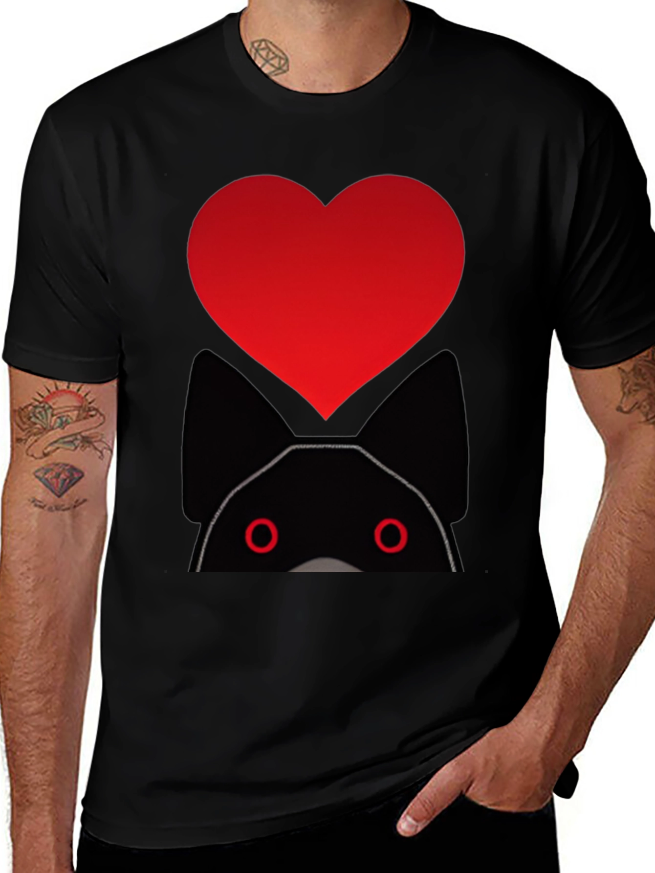 Heart Cat Graphic Black T-Shirt