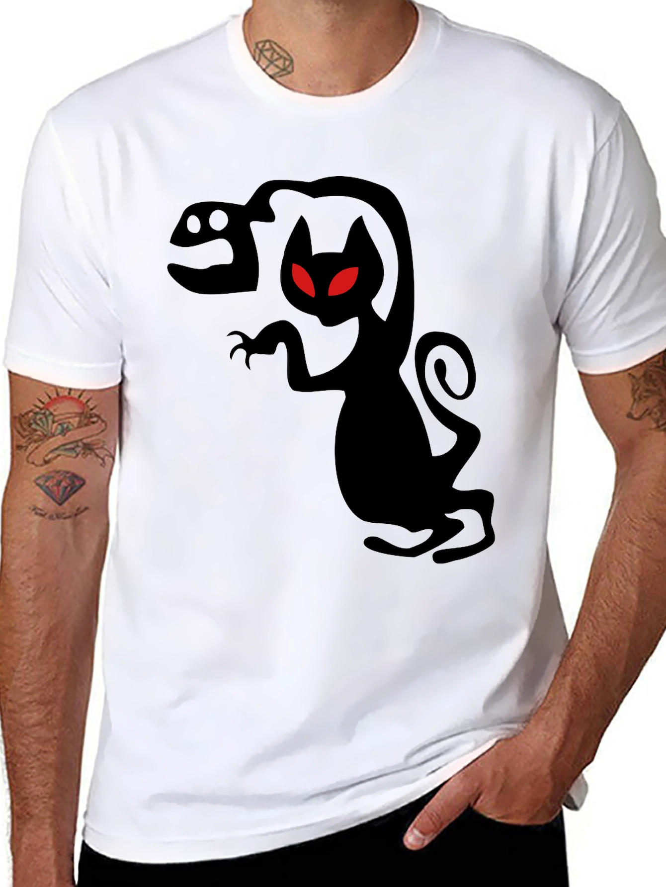 Mens Black Creepy Cat T-Shirt