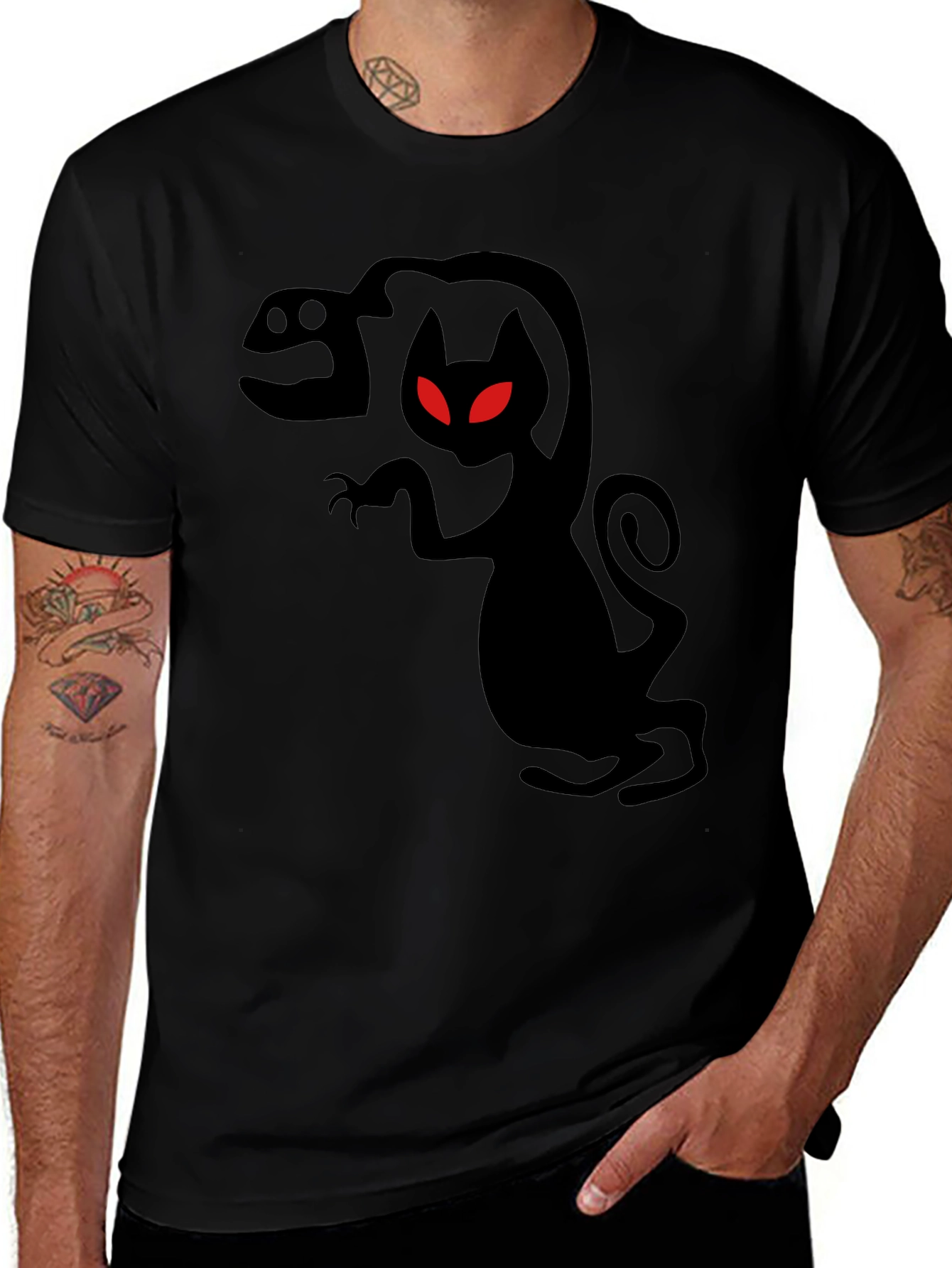 Mens Black Creepy Cat T-Shirt