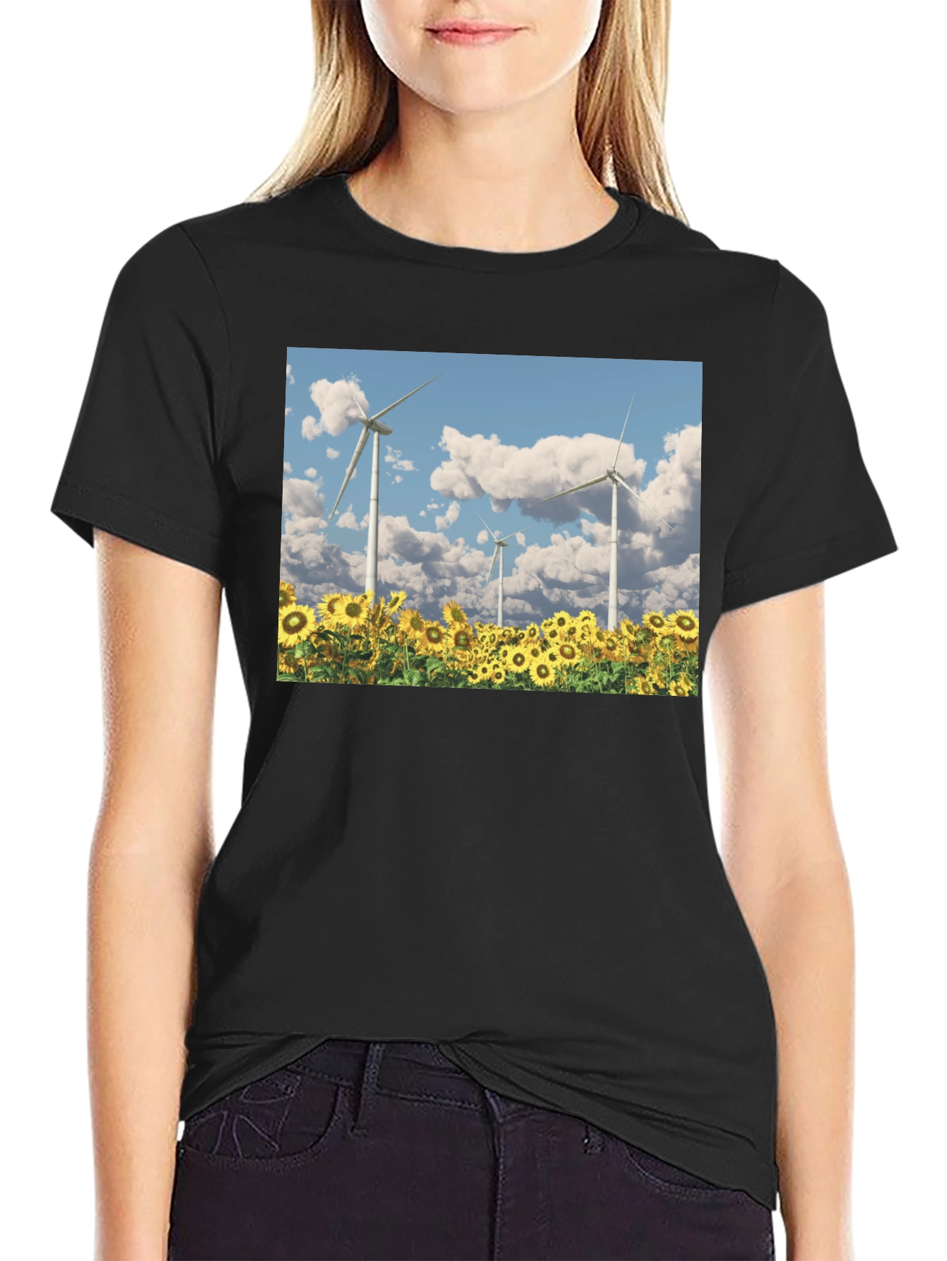 Sunflower Field & Wind Turbine Graphic Tee