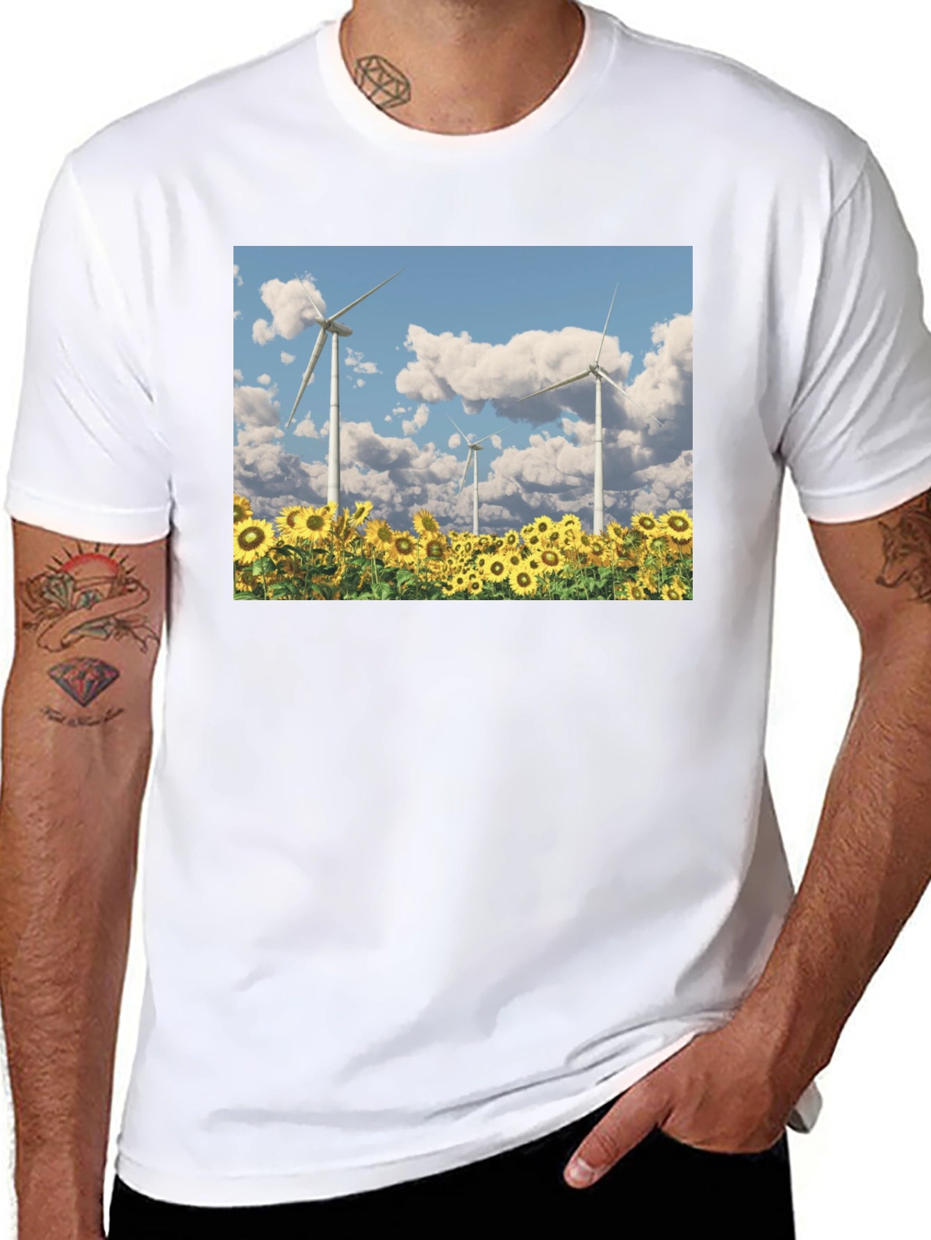 Sunflower Field & Wind Turbine Graphic Tee