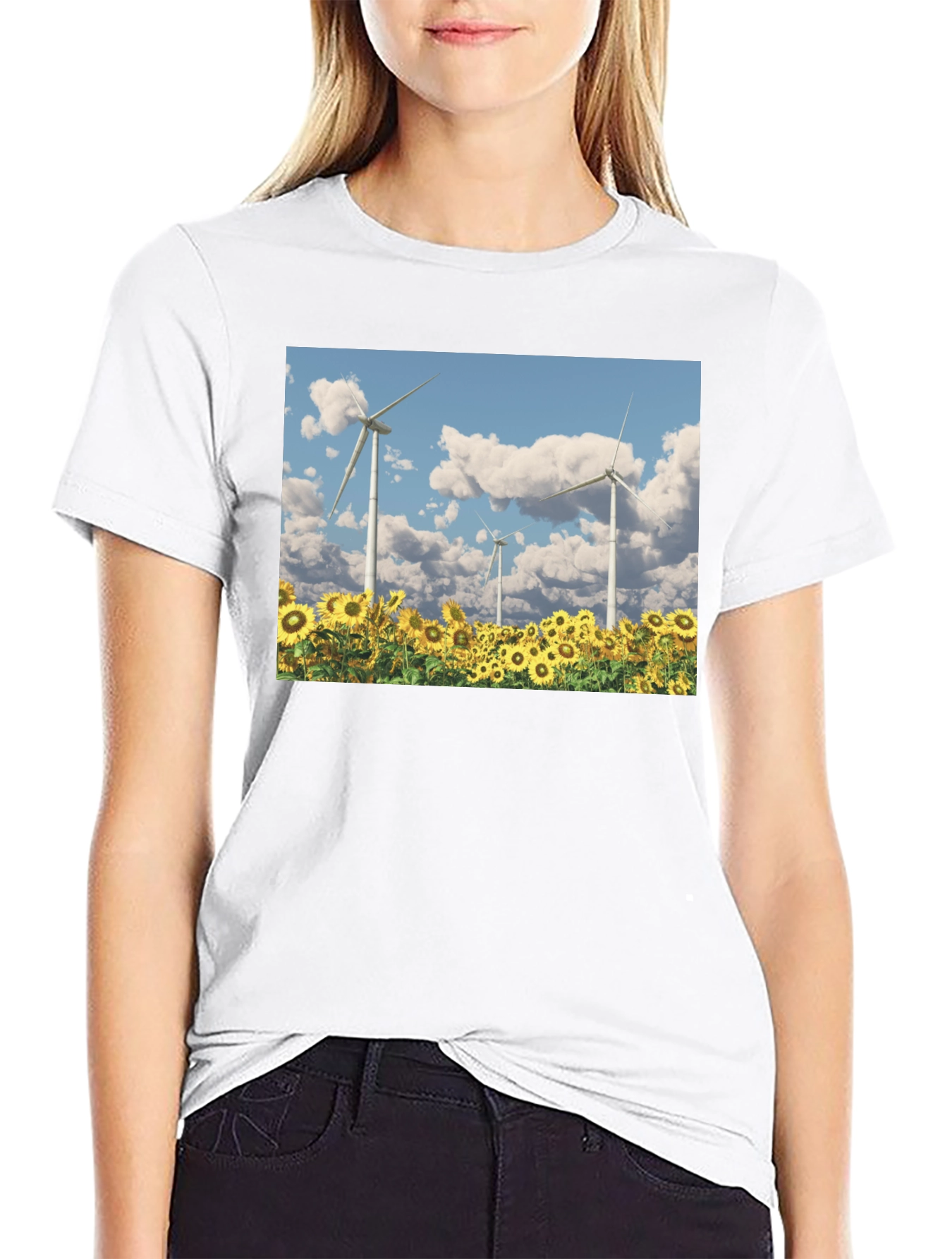 Sunflower Field & Wind Turbine Graphic Tee