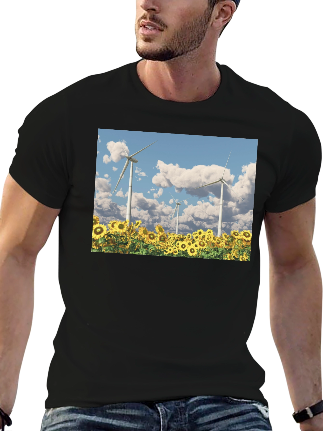 Sunflower Field & Wind Turbine Graphic Tee