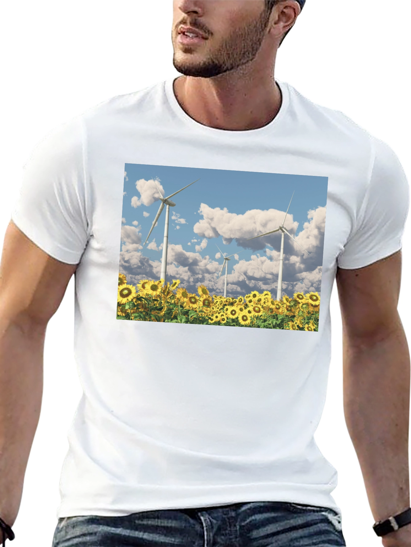 Sunflower Field & Wind Turbine Graphic Tee