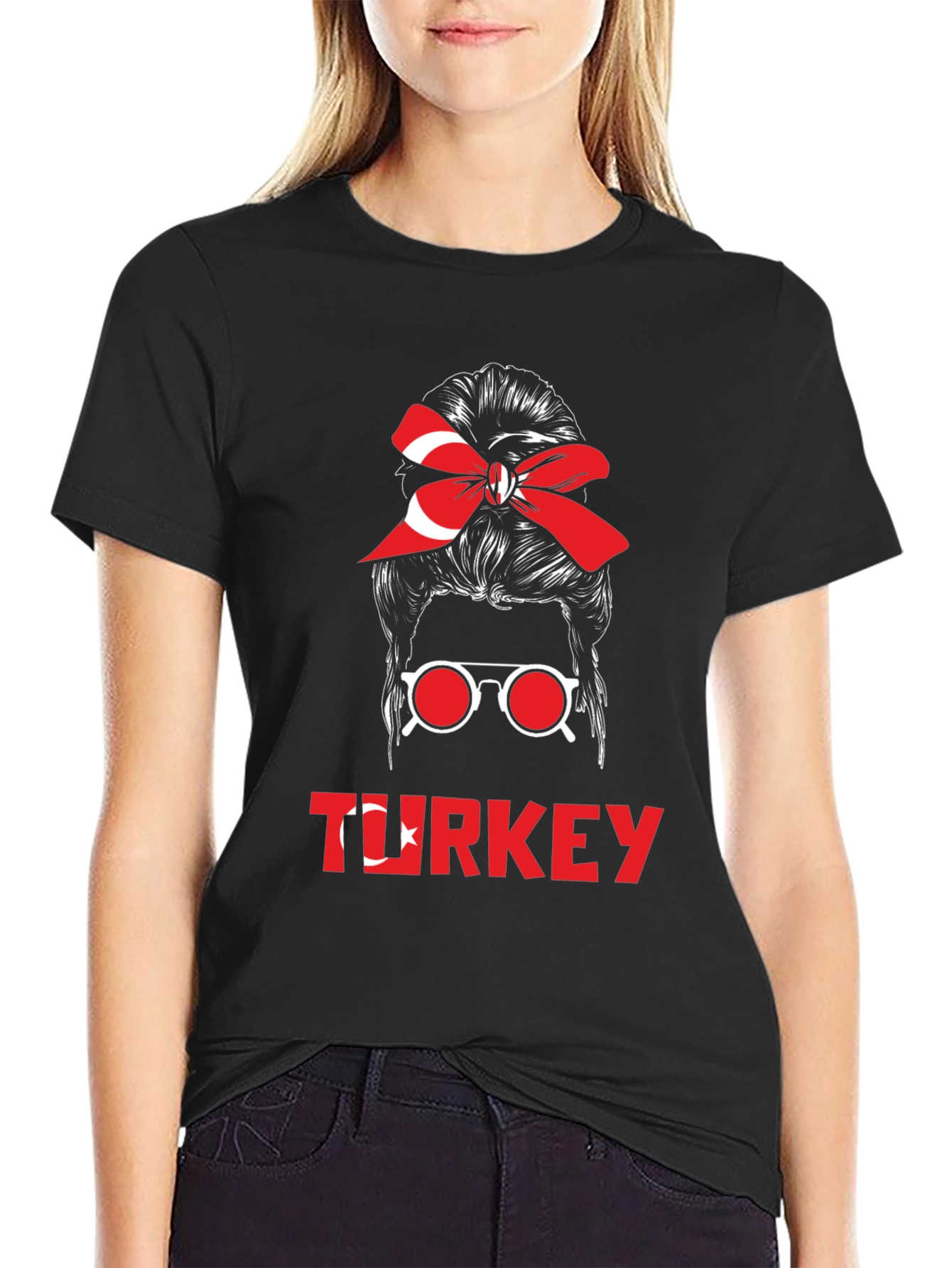 Turkey Messy Bun T-Shirt - Turkish Flag