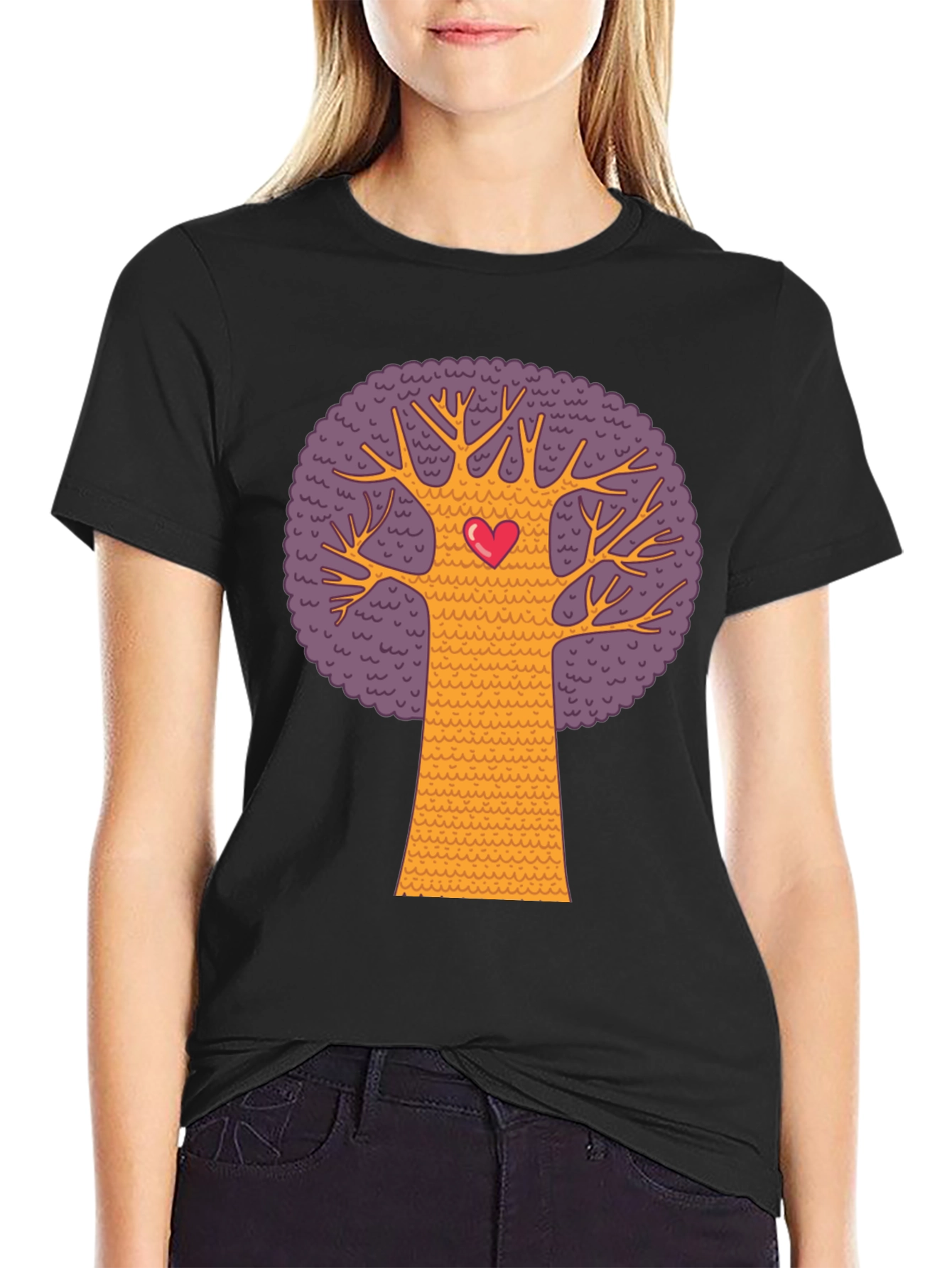 Heart Tree Graphic Tee - Black Cotton Blend T-Shirt