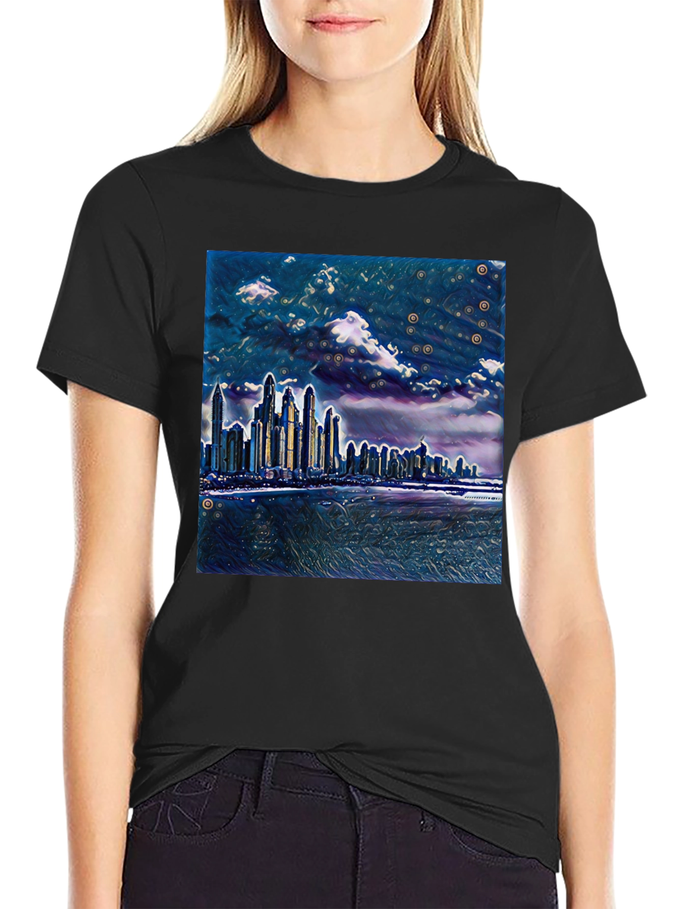 Cityscape Graphic Tee - Artistic Night View T-Shirt