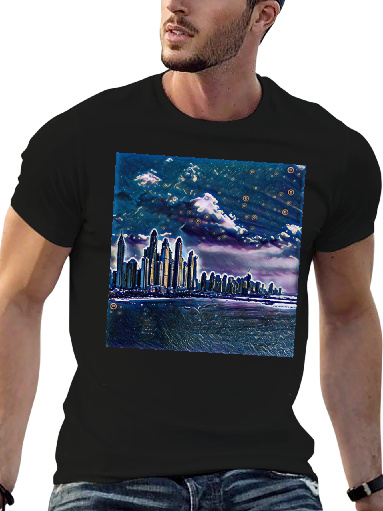 Cityscape Graphic Tee - Artistic Night View T-Shirt