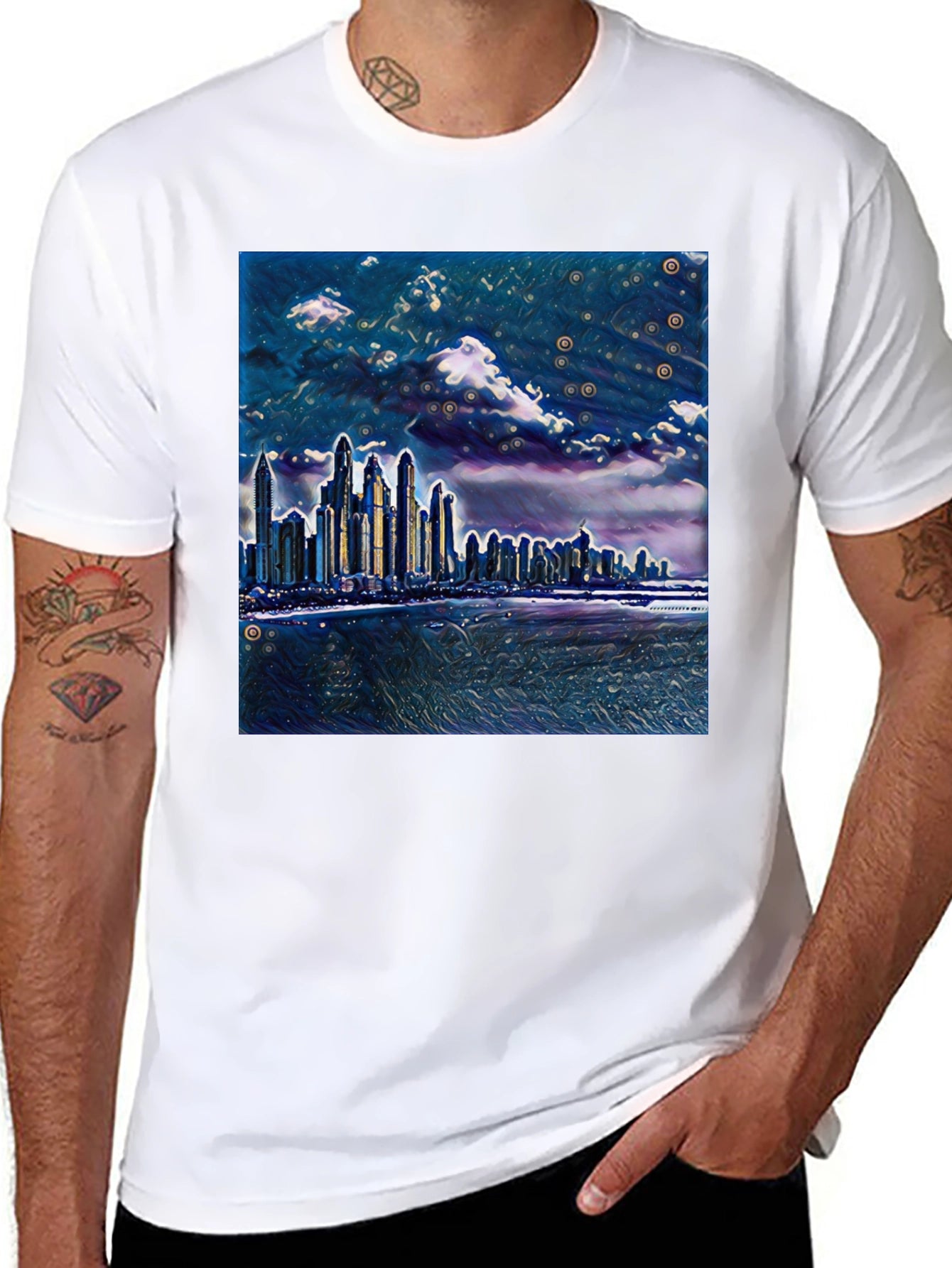Cityscape Graphic Tee - Artistic Night View T-Shirt