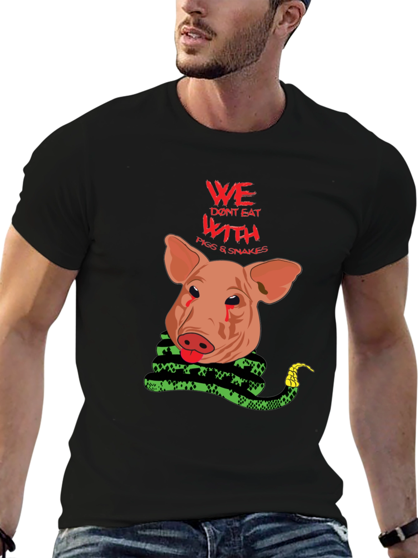 Vegan Statement Tee: Pig and Snake Graphic