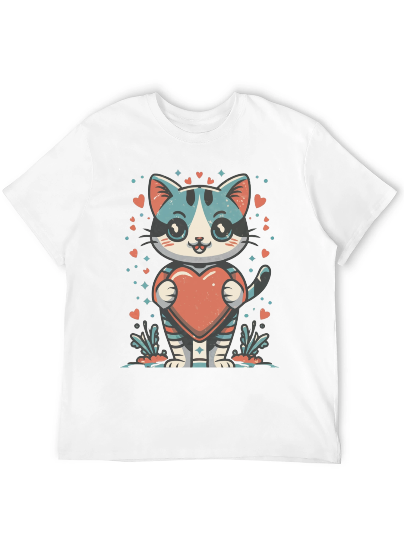 Cute Cartoon Cat with Heart Graphic Tee