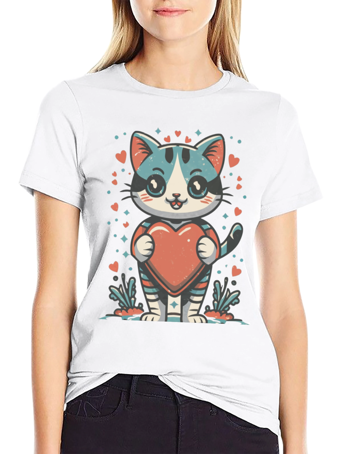 Cute Cartoon Cat with Heart Graphic Tee