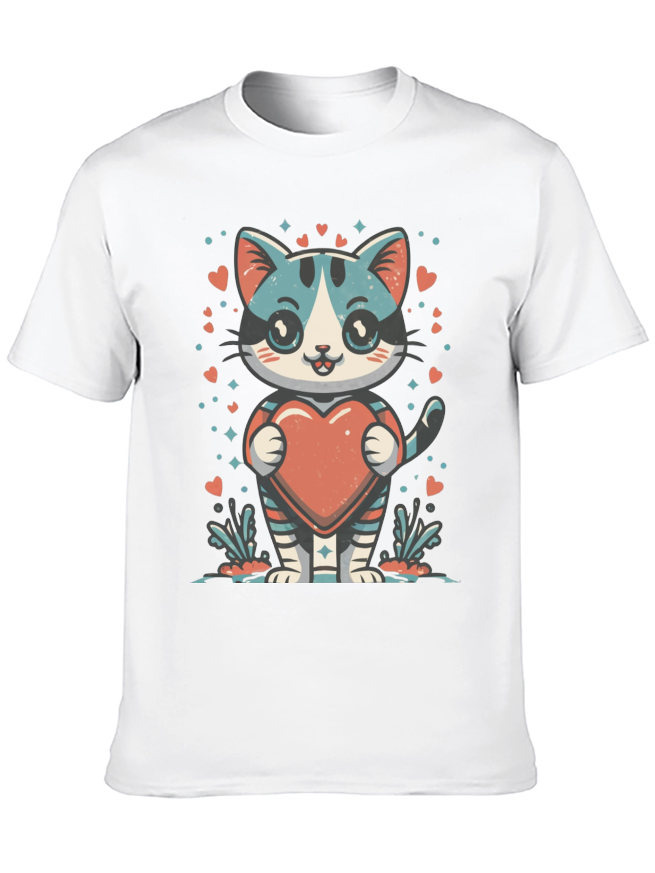 Cute Cartoon Cat with Heart Graphic Tee