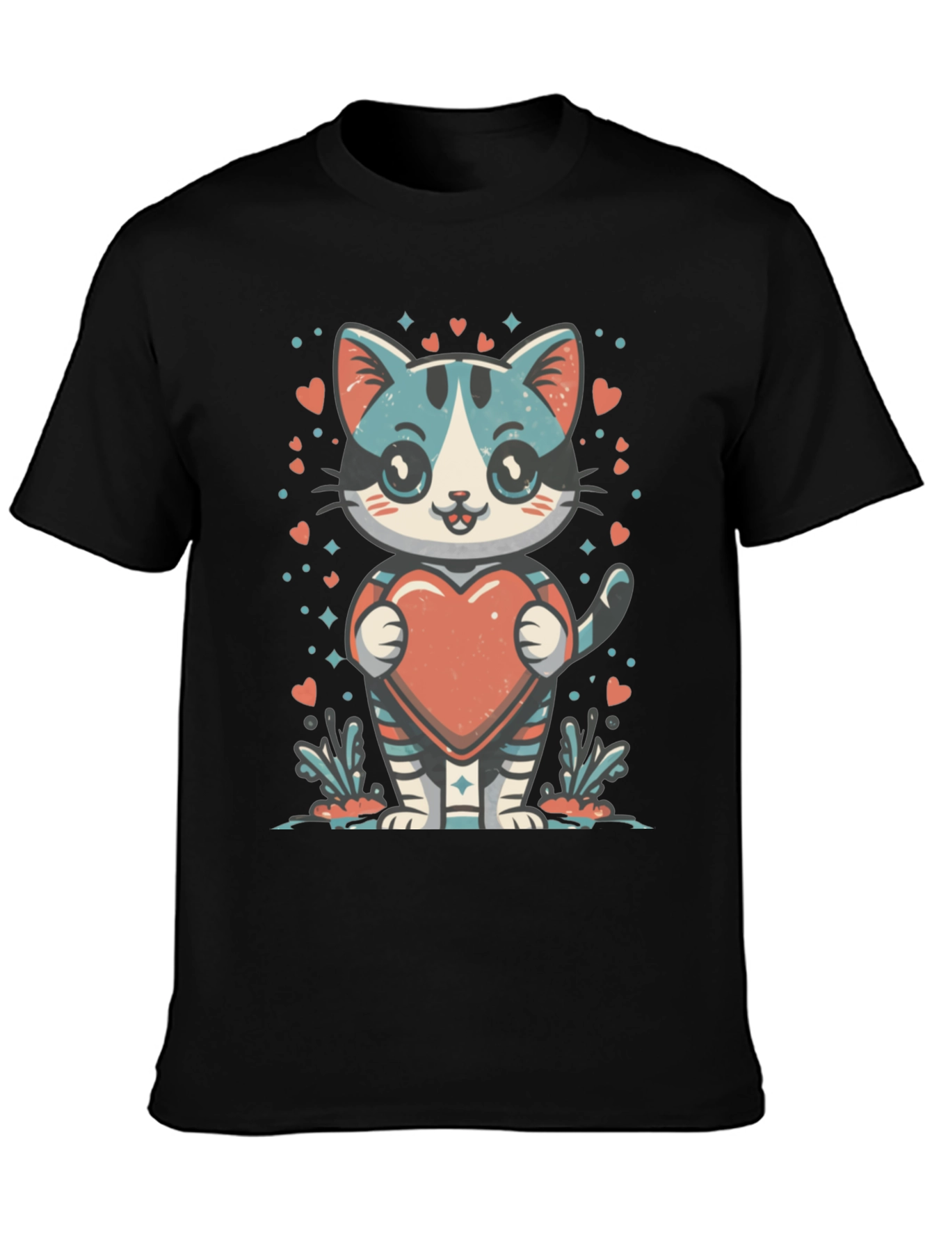 Cute Cartoon Cat with Heart Graphic Tee